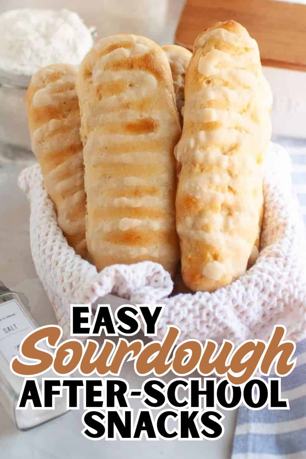 Freshly baked sourdough breadsticks with golden crust, perfect for snacks or light meals.