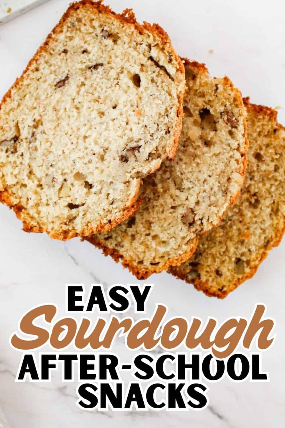 Freshly baked sourdough banana bread slices on a white surface.