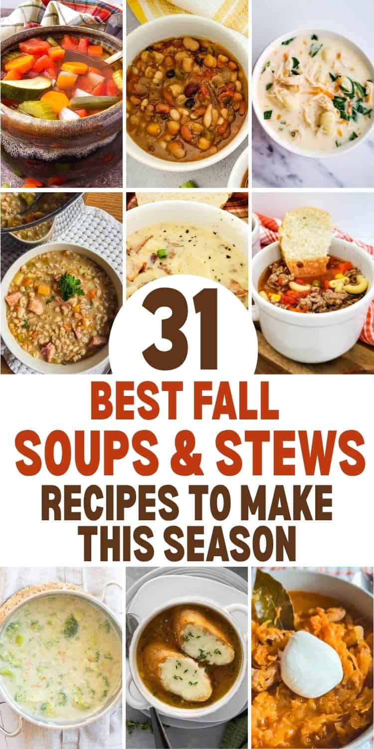 Variety of hearty fall soups and stews in bowls for chilly nights.