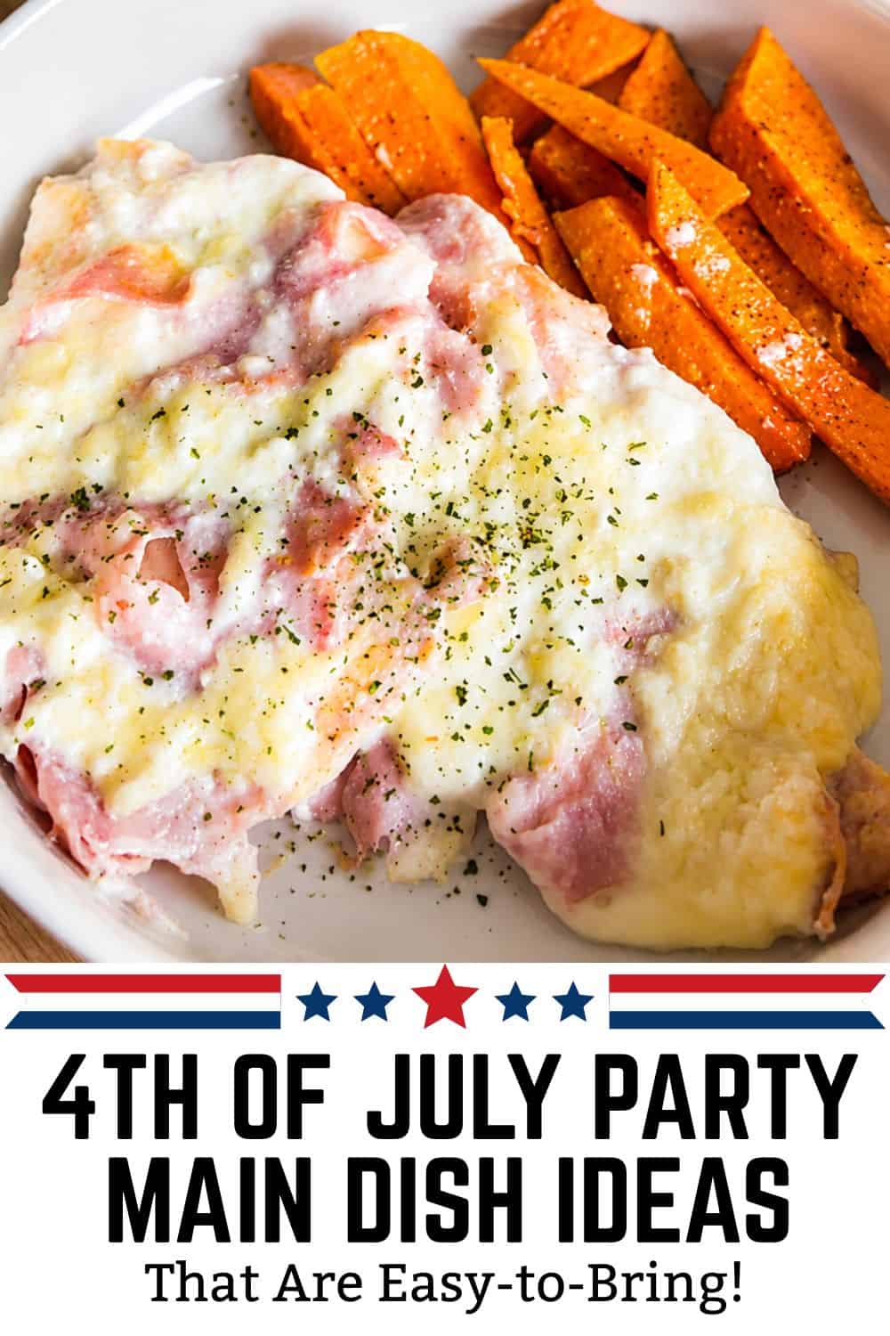 Delicious baked ham with melted cheese and herbs, served with crispy sweet potato fries for a festiv.
