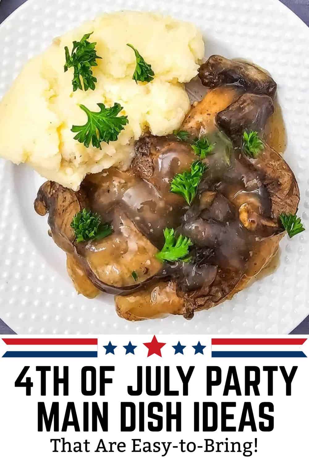 Beef stew with mushrooms and gravy served with mashed potatoes garnished with parsley.