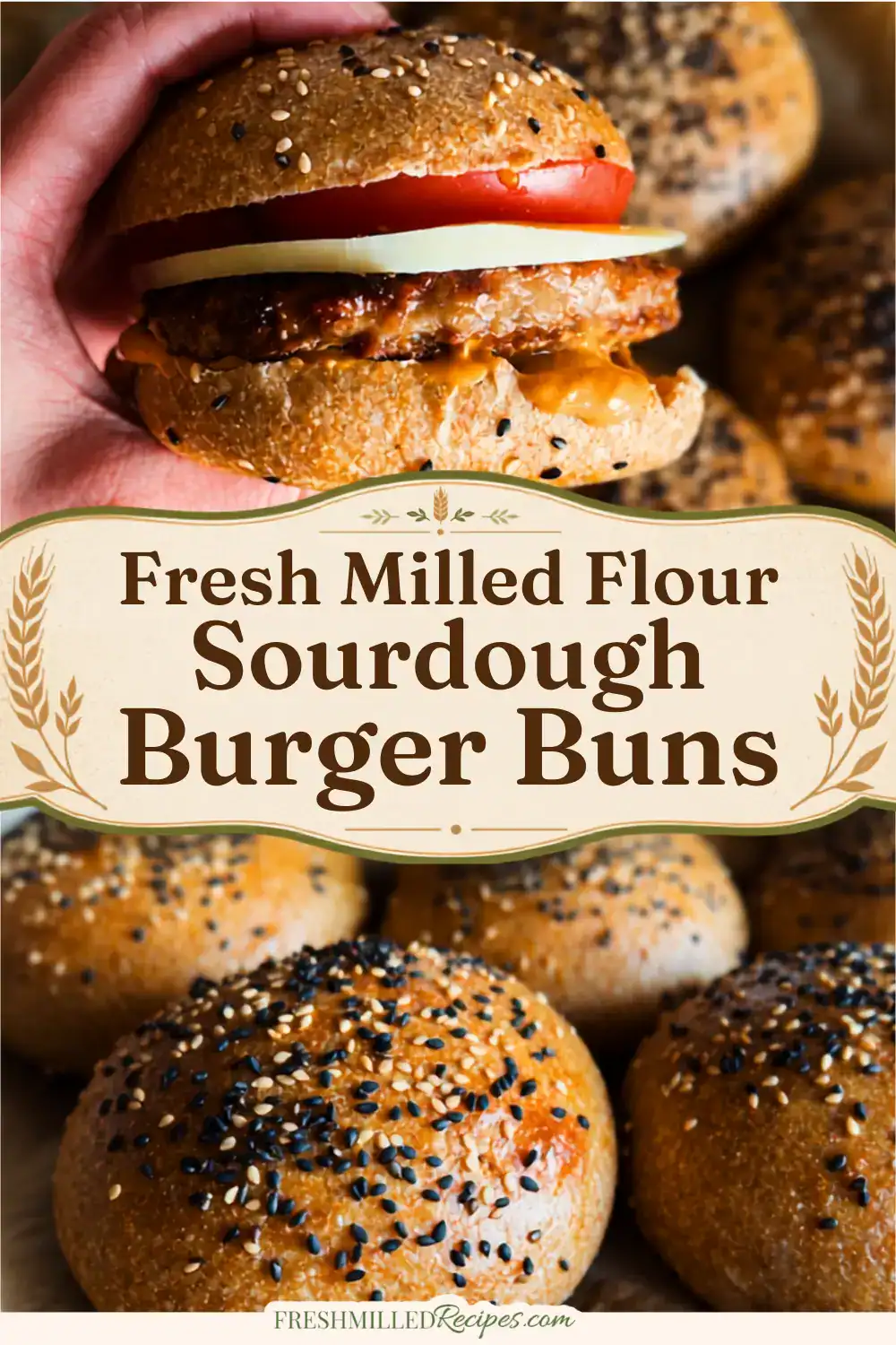 Fresh milled sourdough burger buns with sesame seeds and toppings.