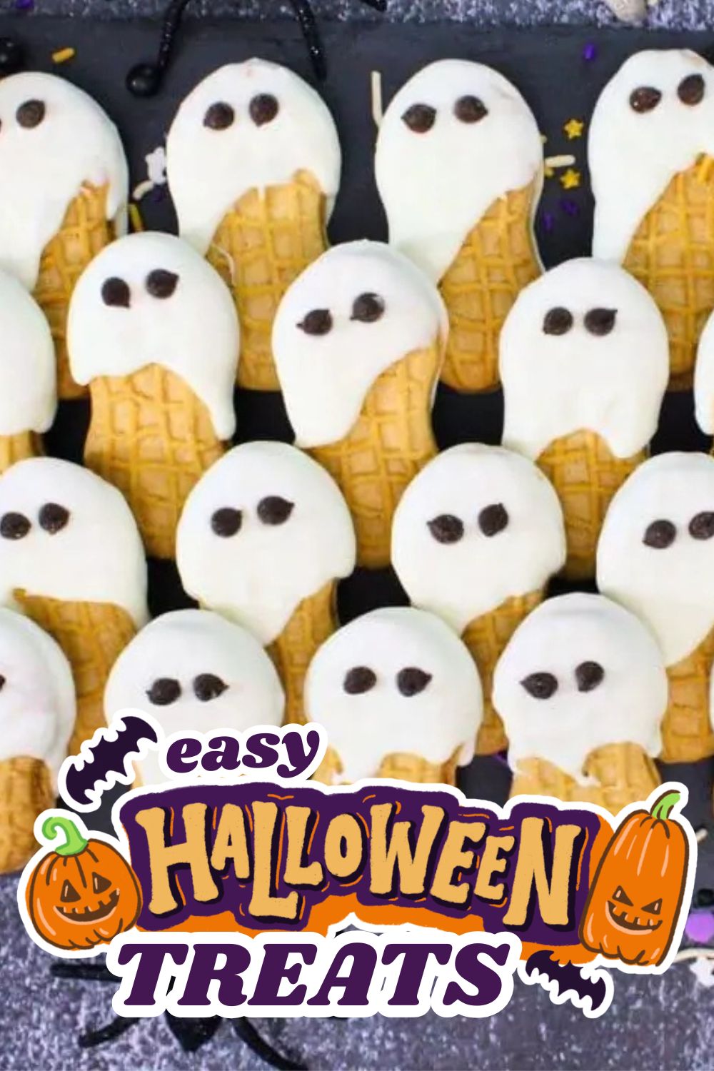 Cute ghost-shaped Halloween treats with ice cream and chocolate eyes.