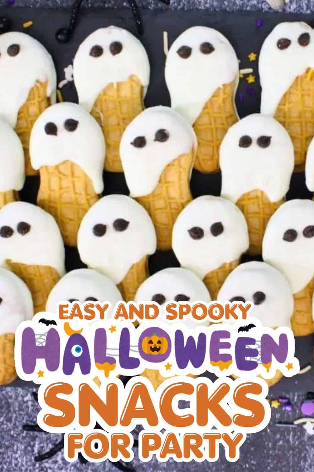 Fun Halloween ghost-shaped snacks with ice cream and waffle cone bodies for festive treats.