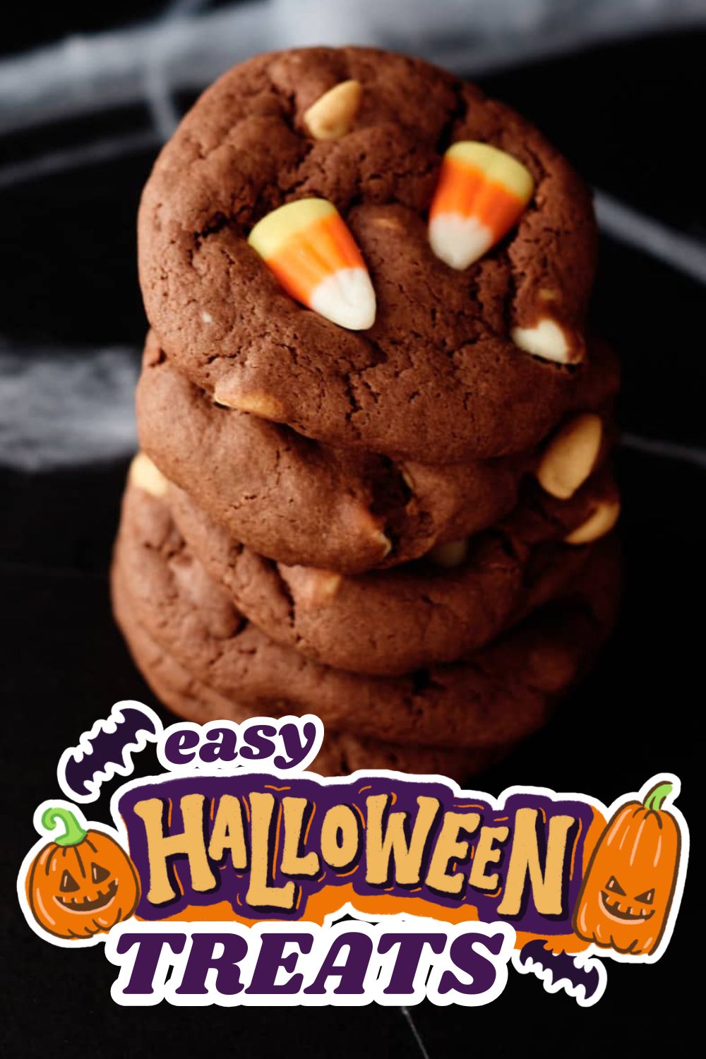 Stack of chocolate cookies decorated with candy corn for Halloween.