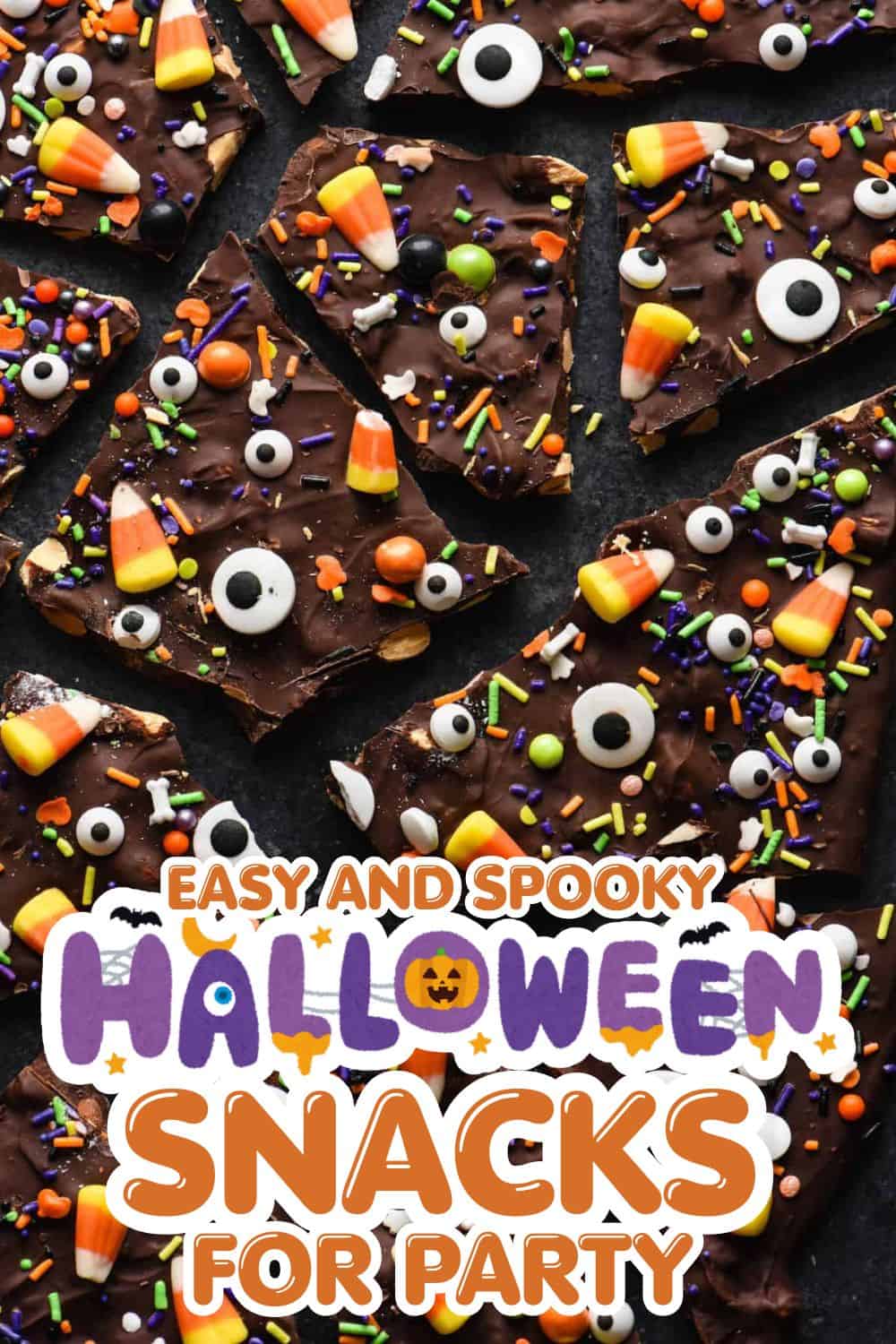 Close-up of Halloween-themed chocolate snacks decorated with candy corn, sprinkles, and eyeball cand.