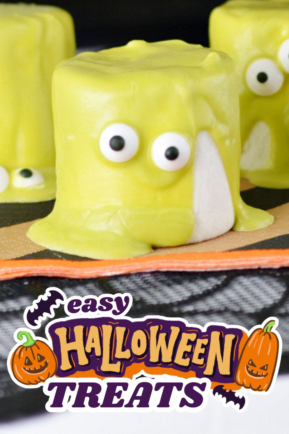 Cute yellow monster Halloween treats with googly eyes and white teeth.