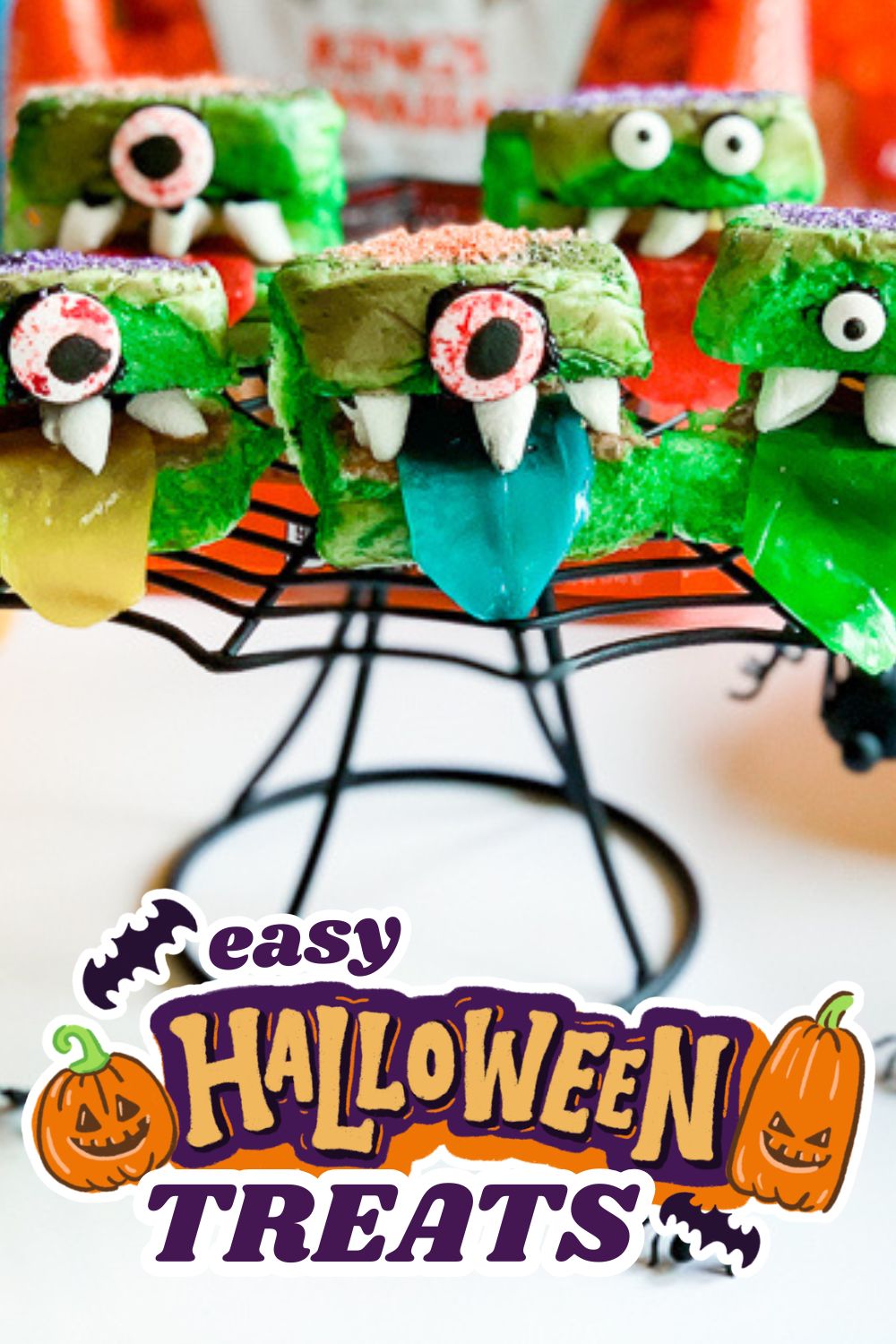 Colorful Halloween monster treats with candy eyes and vibrant colors for kids' party.