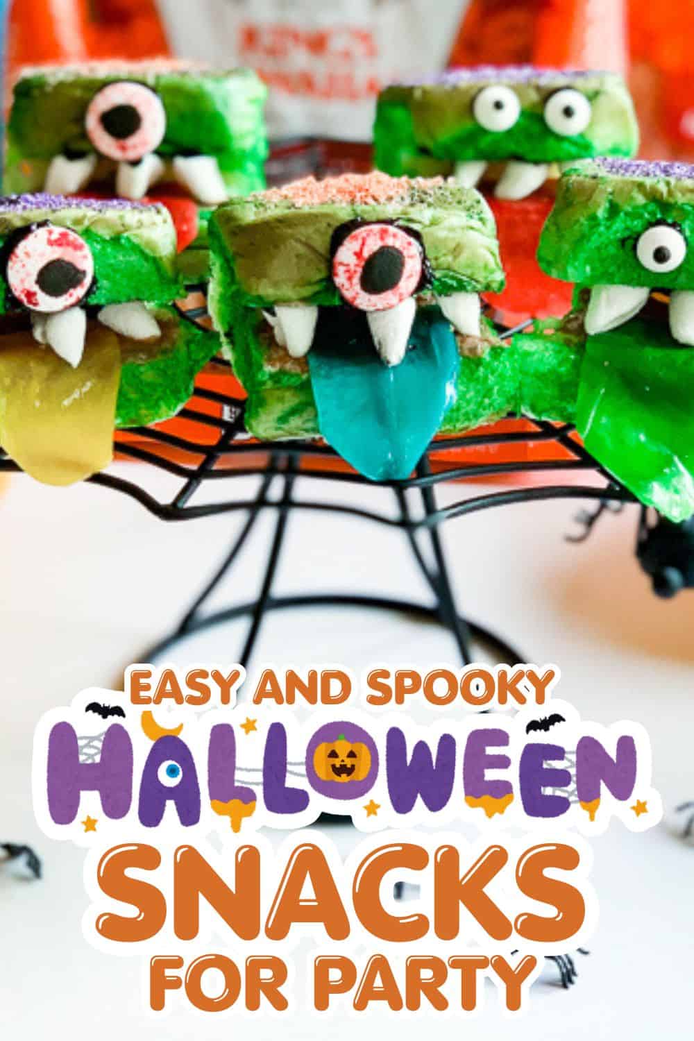 Fun Halloween monster-themed snacks with colorful icing and candy eyes for a festive party.