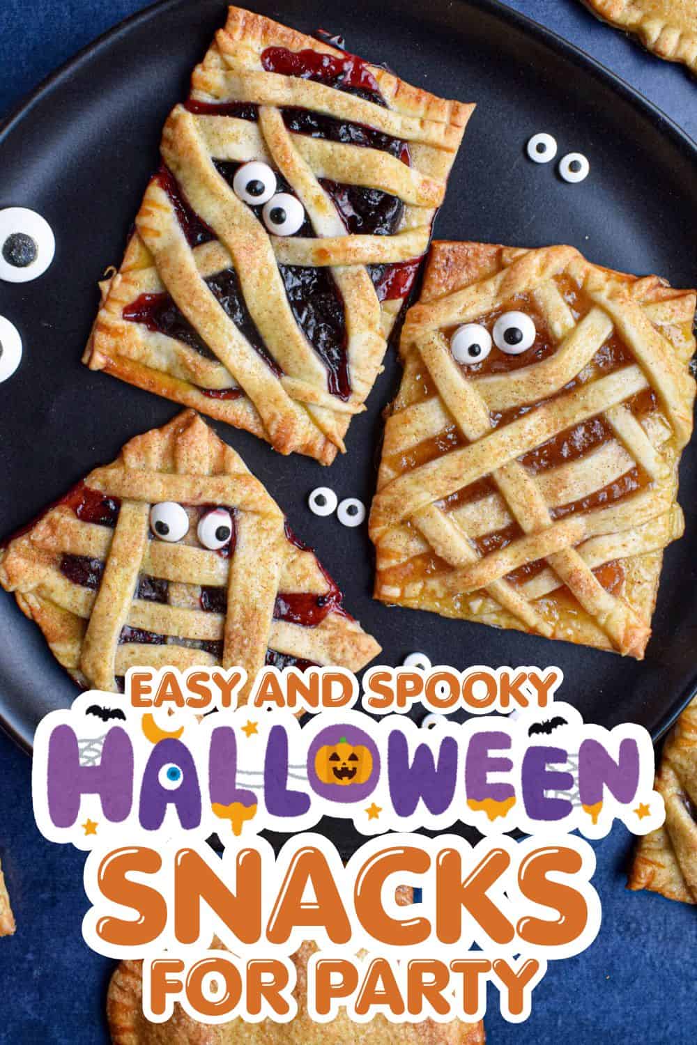 Halloween fruit pies with lattice crusts, googly eyes, and festive decorations.