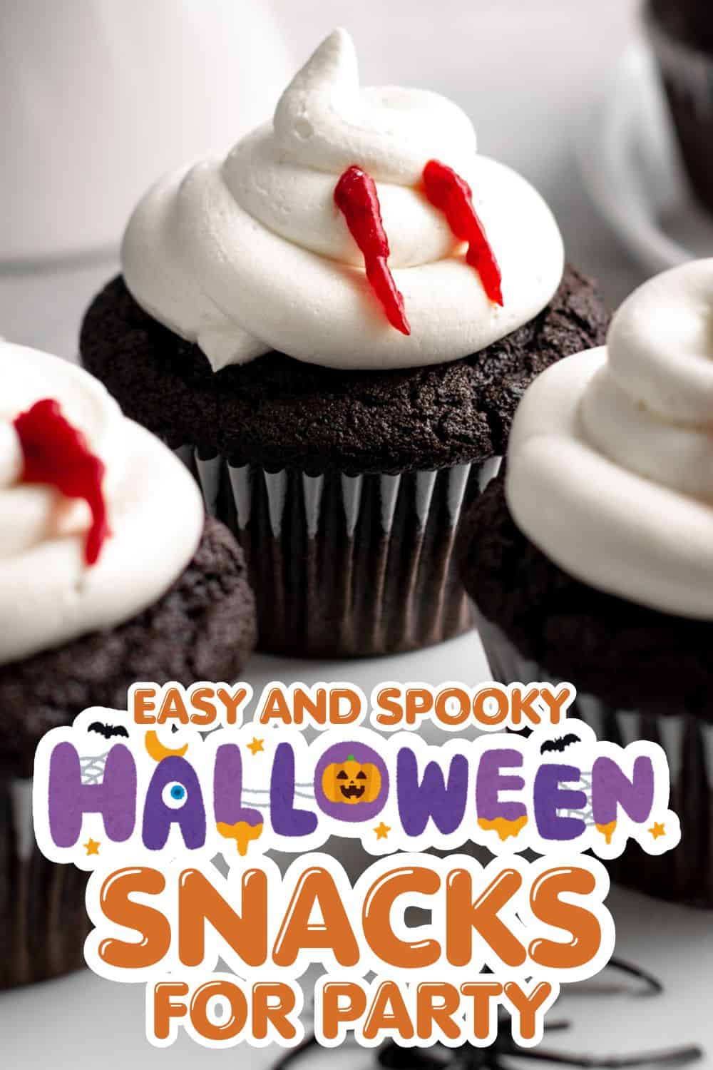 Halloween cupcakes with white frosting, red drizzle, and chocolate base, ideal for Halloween parties.