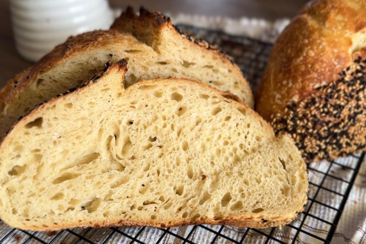 Freshly baked Italian semolina sourdough bread with a golden crust.