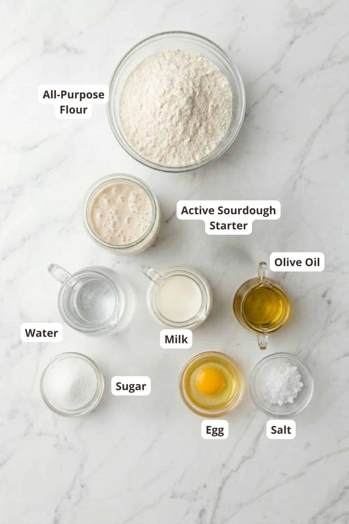 All-purpose flour, sourdough starter, water, milk, egg, sugar, salt, and olive oil for bread baking.