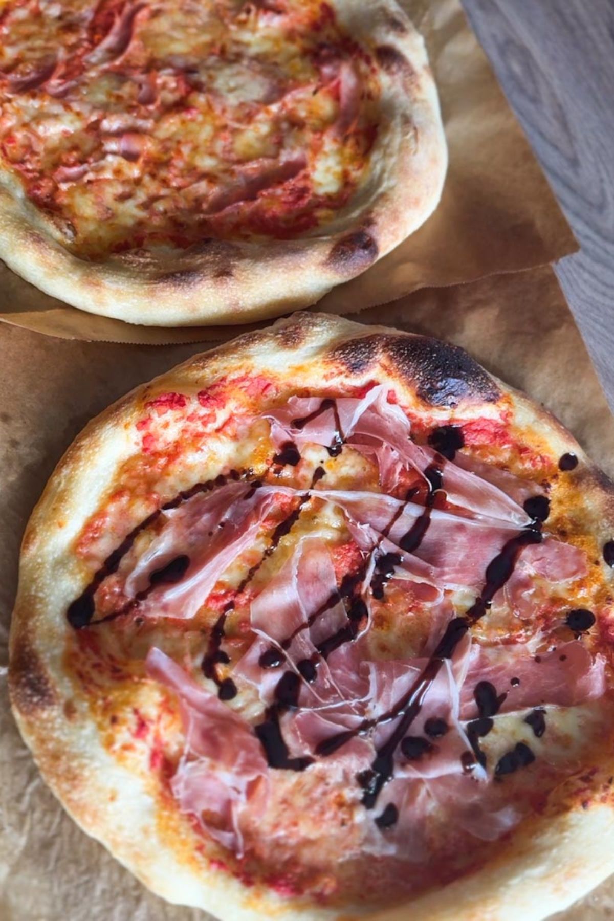 Close-up of sourdough pizza with semolina crust and toppings.