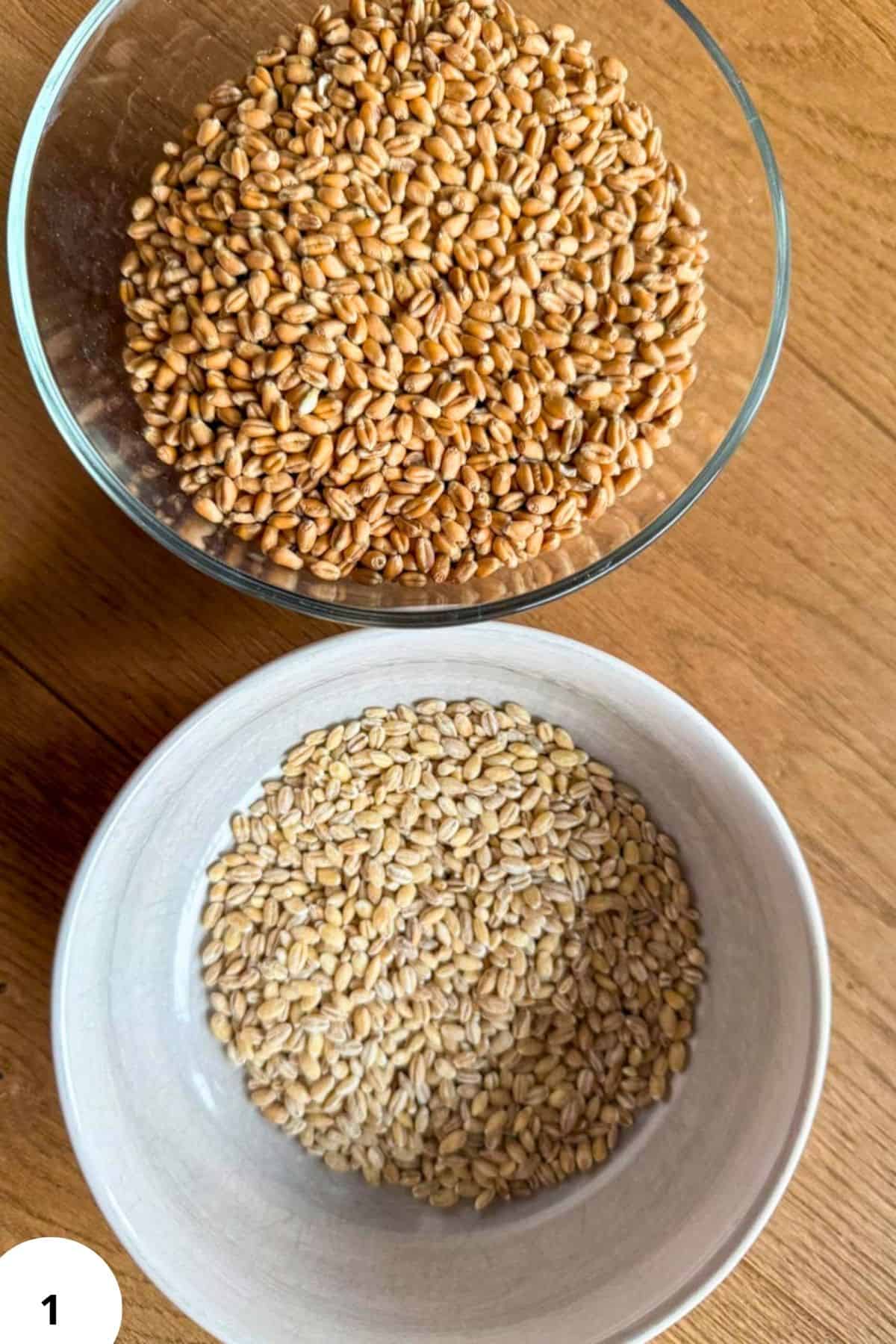 Close-up of fresh milled wheat grains in glass and ceramic bowls.