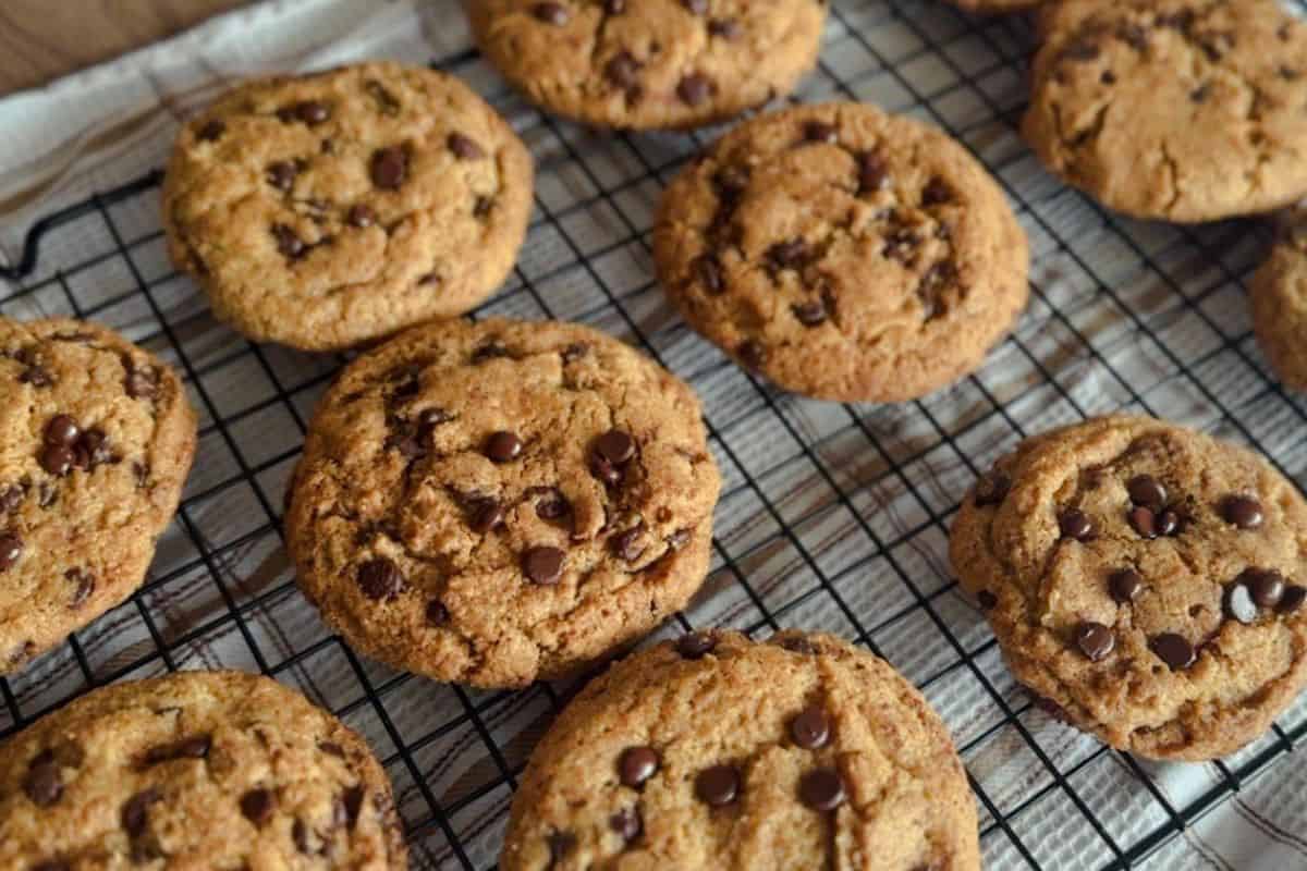 Chocolate chip cookies cooling on a wire rack, soft and chewy texture.