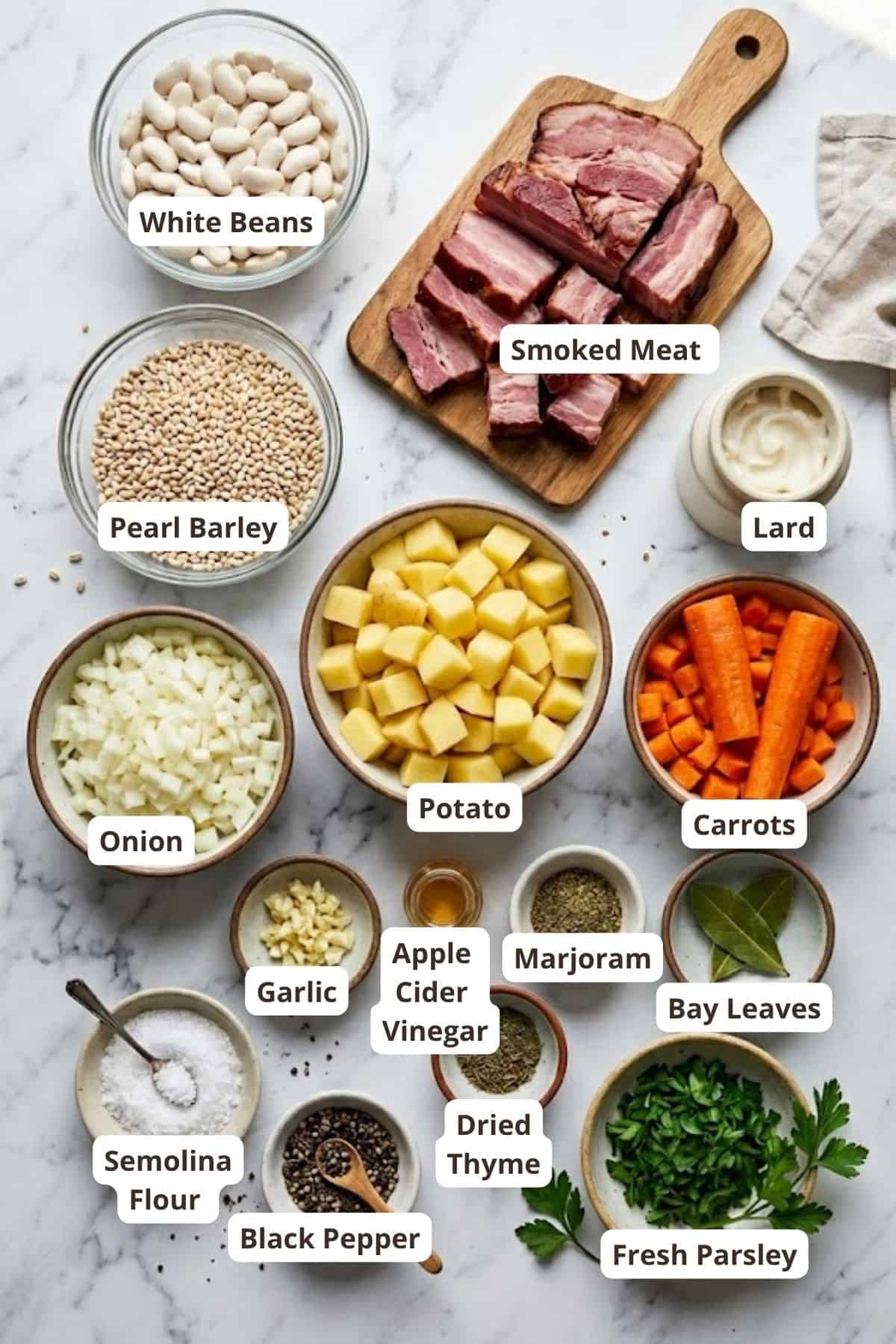Ingredients for traditional Ričet with smoked meat, beans, barley, and vegetables.