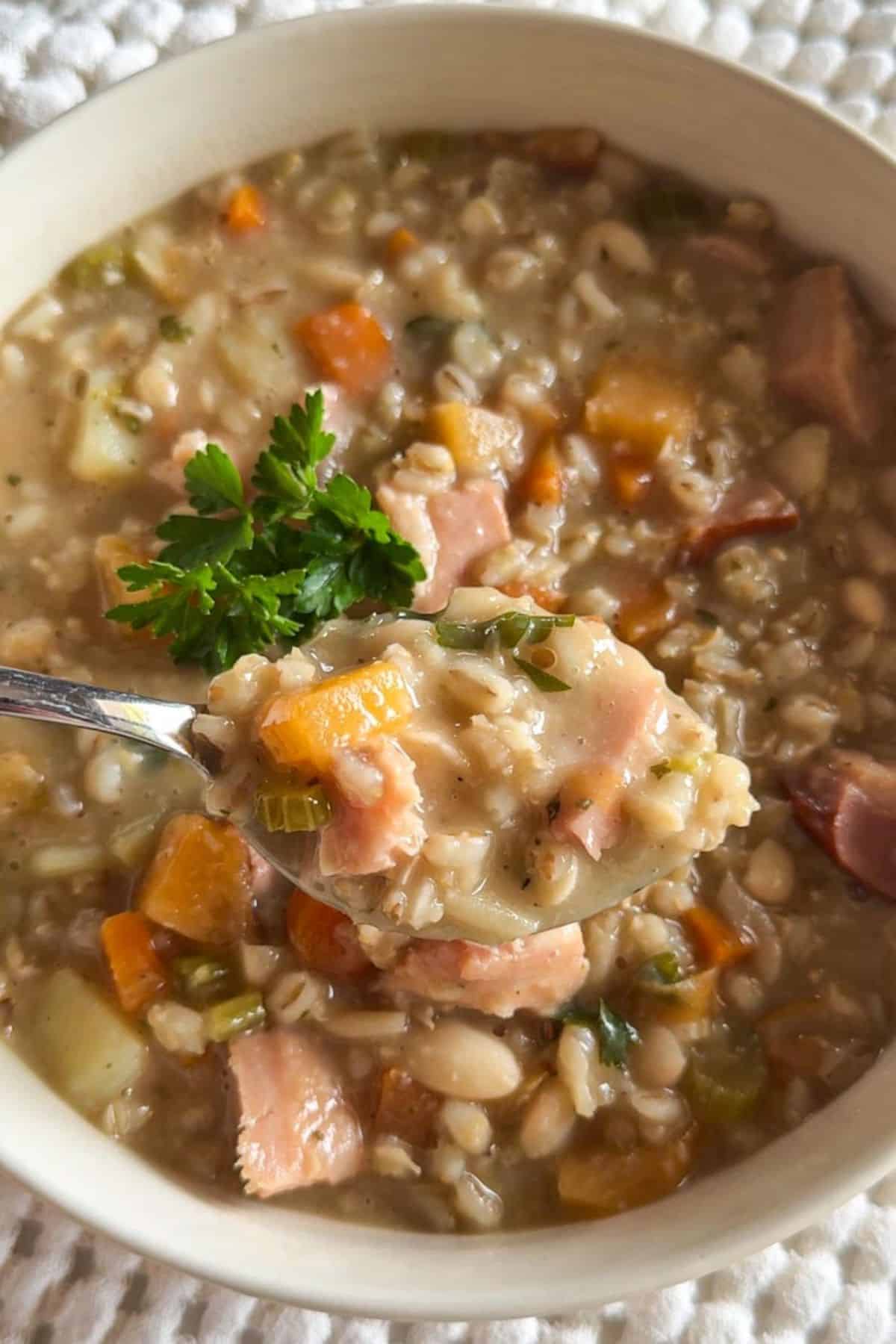 Hearty barley and bean stew with smoked meat and vegetables in a bowl.
