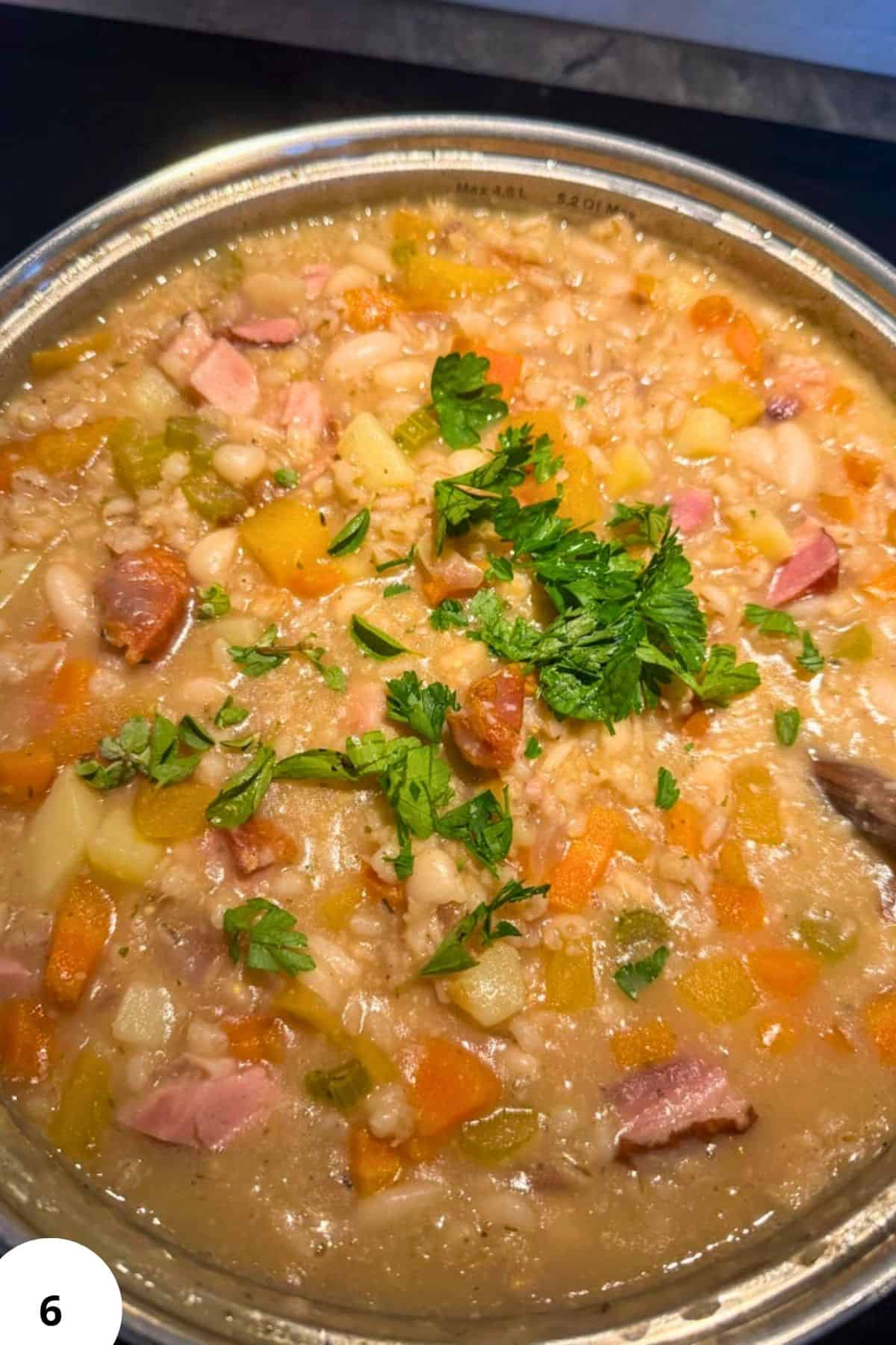 Hearty barley and bean stew with smoked meat and fresh herbs in a bowl.