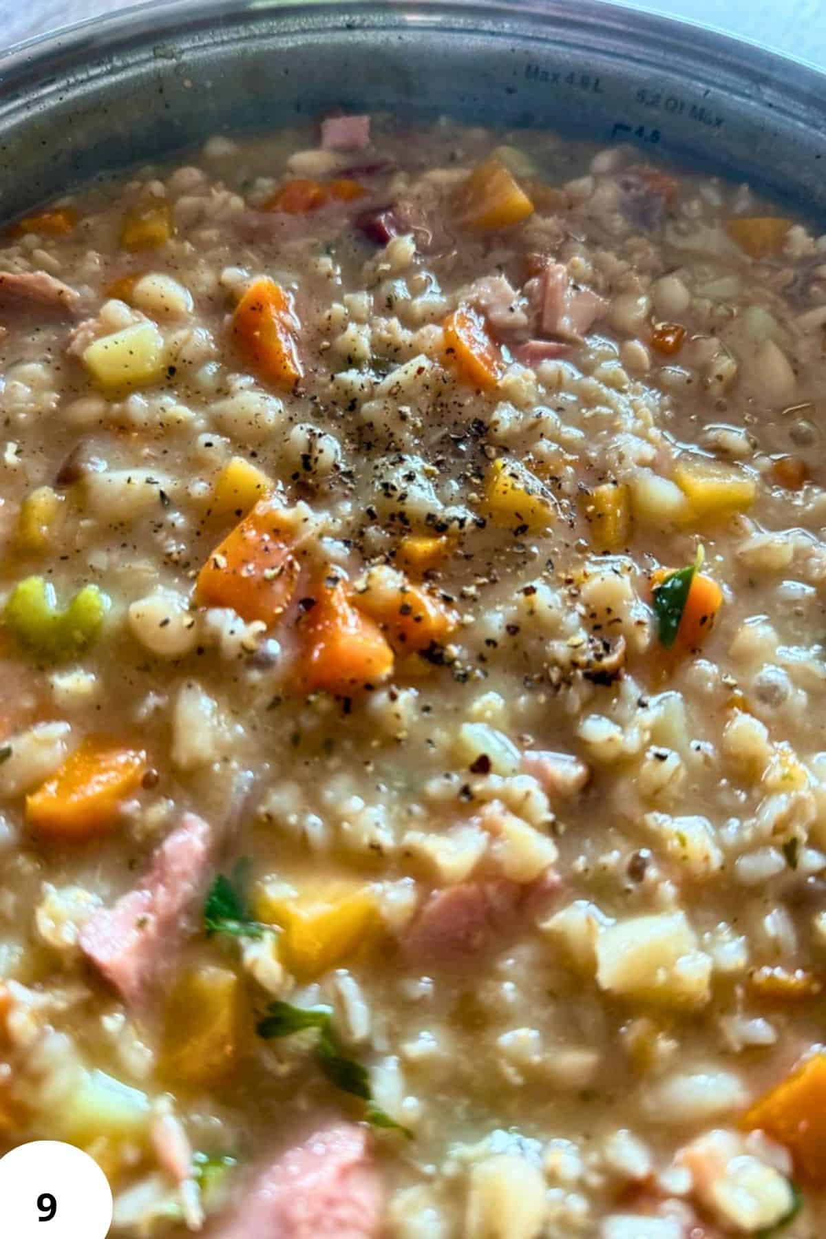 Hearty barley and bean stew with smoked meat and vegetables.