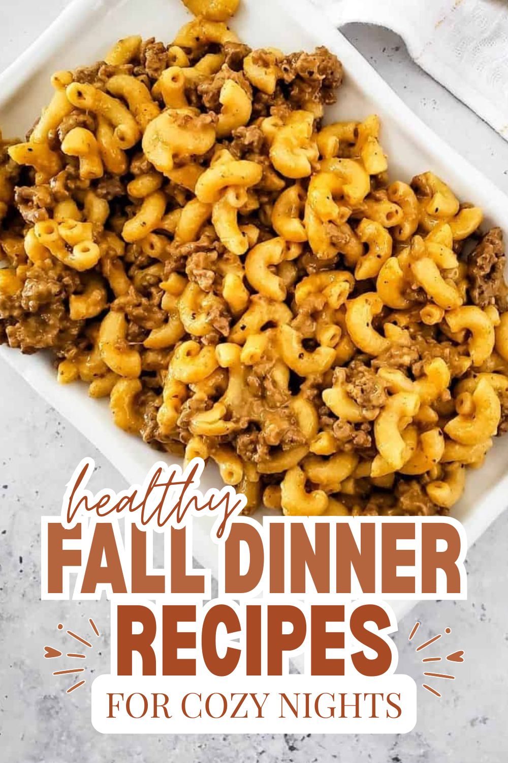 Close-up of macaroni and ground beef casserole for fall dinner ideas.
