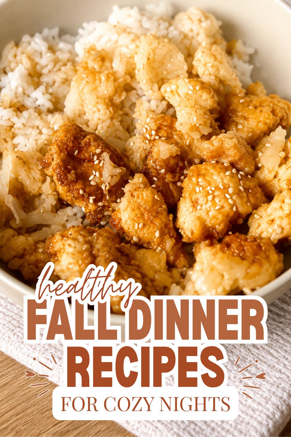 Close-up of crispy fried chicken with rice, perfect for fall dinner ideas.