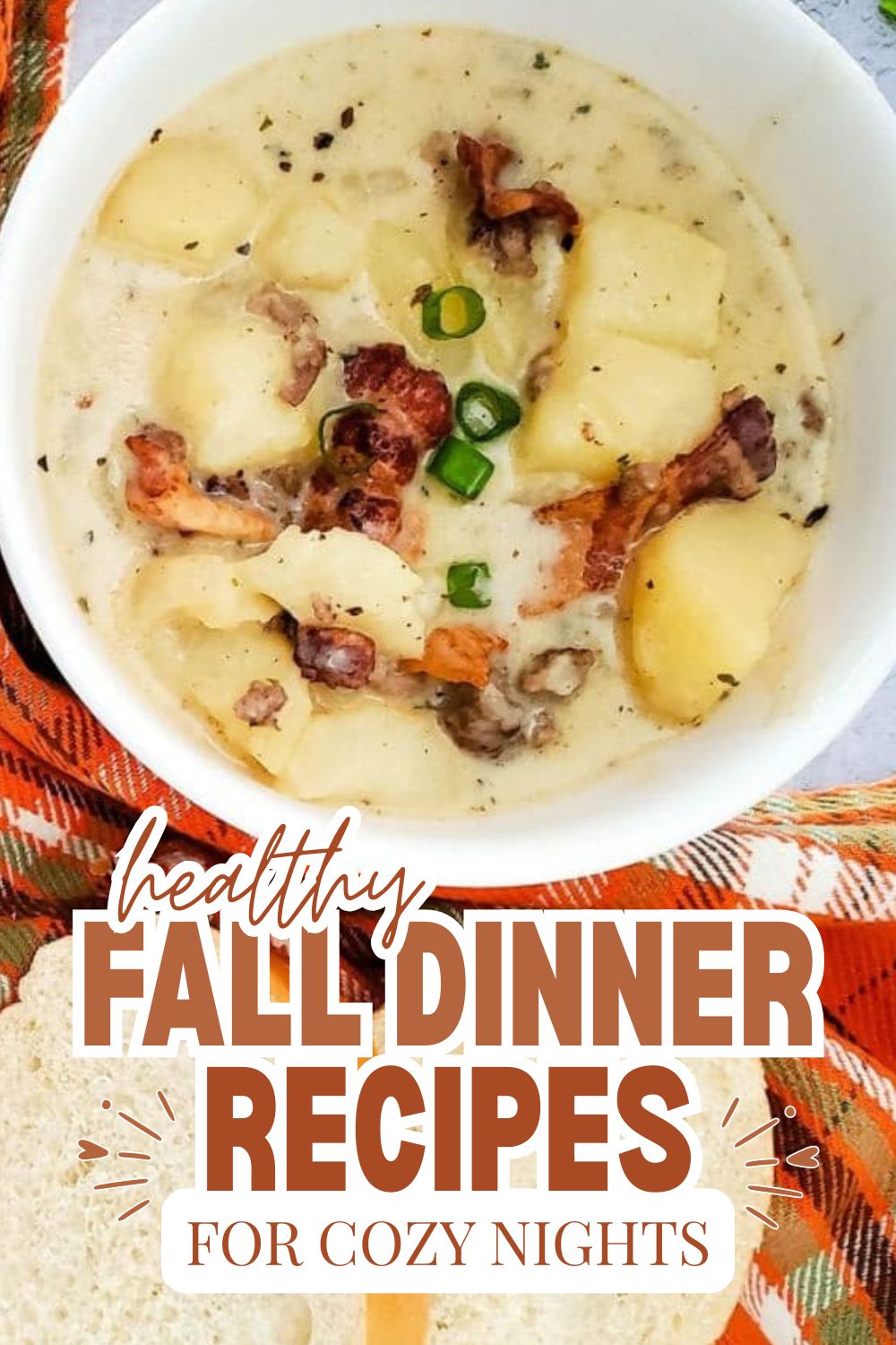 Creamy potato and bacon soup with green onions in a white bowl.