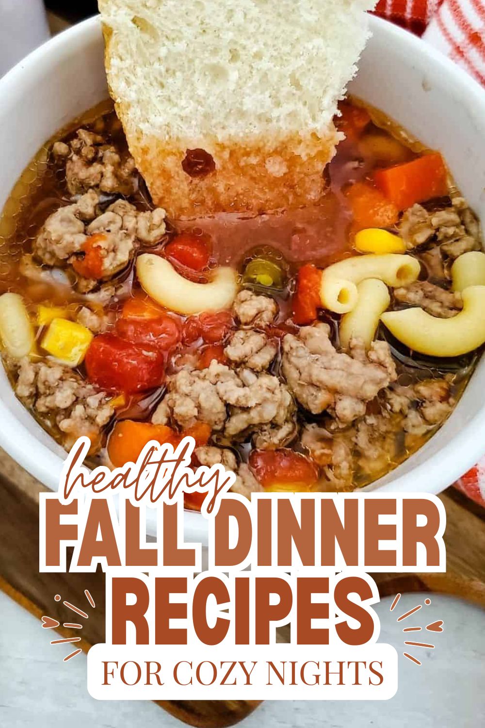 Comforting fall dinner with ground meat, vegetables, and pasta in a bowl.