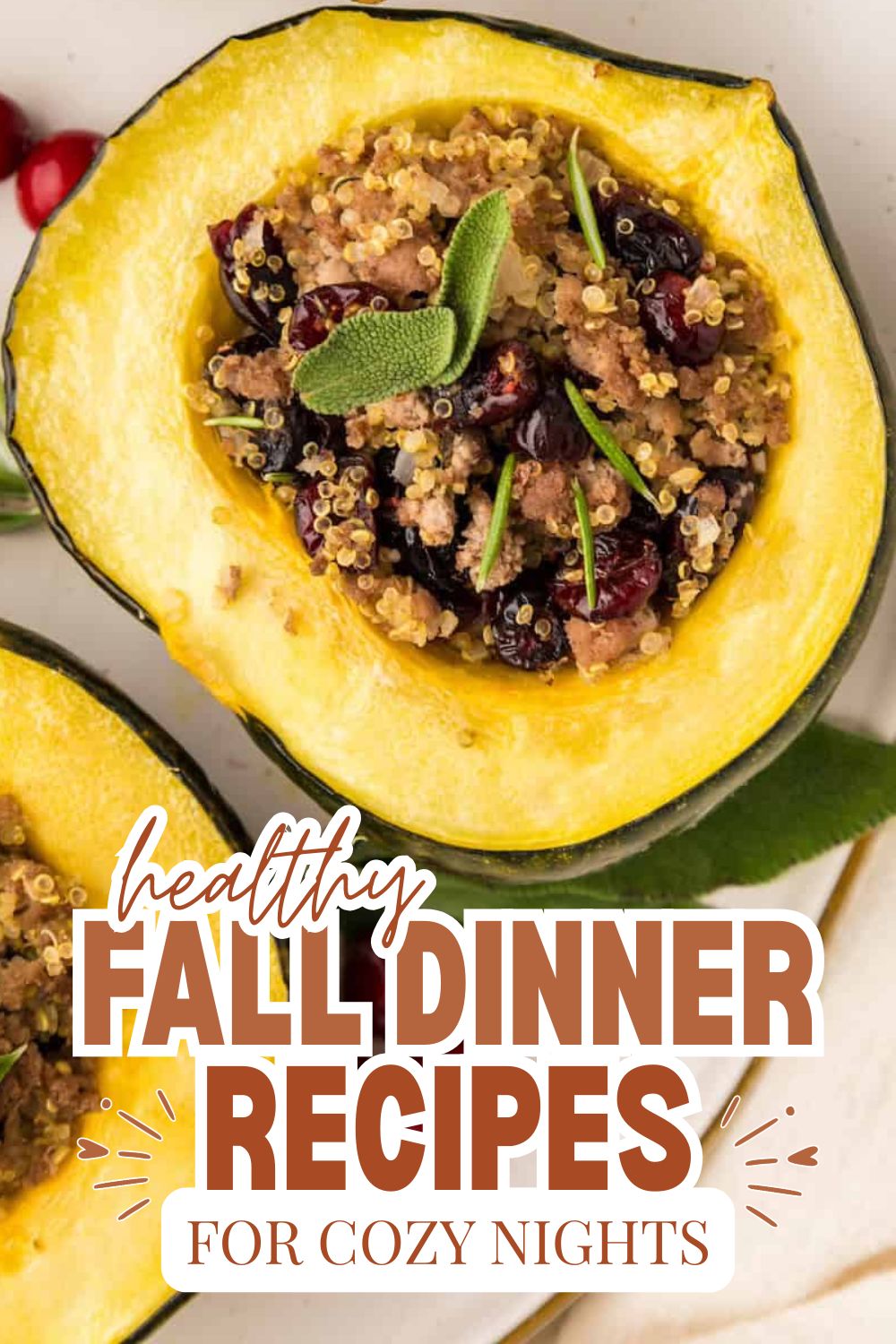 Stuffed acorn squash with quinoa, cranberries, and sage for fall dinner.