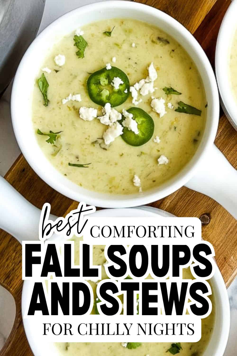Bowl of creamy fall soup with jalapeรฑo slices and herbs for cozy nights.