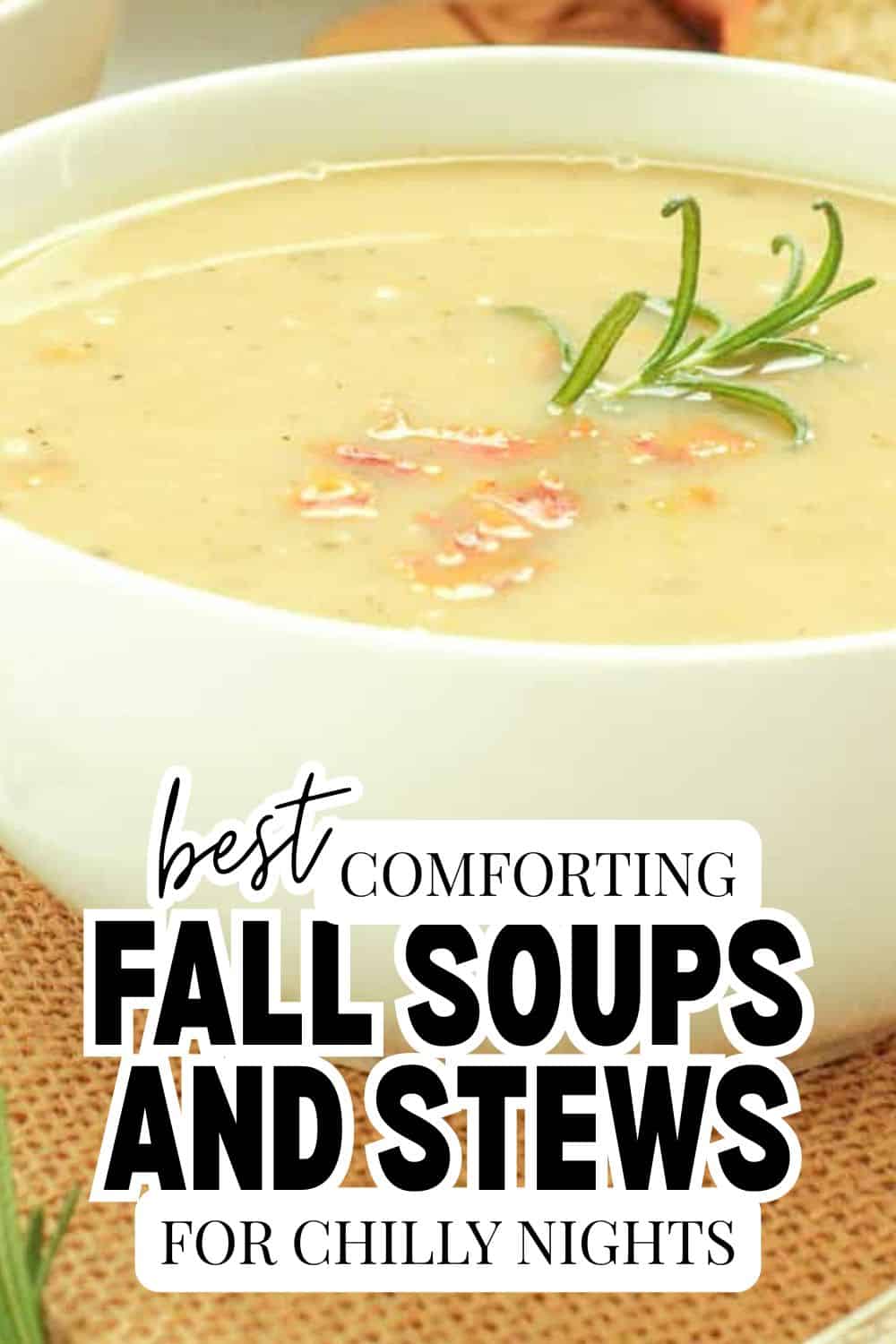 Creamy fall soup garnished with rosemary in a white bowl.