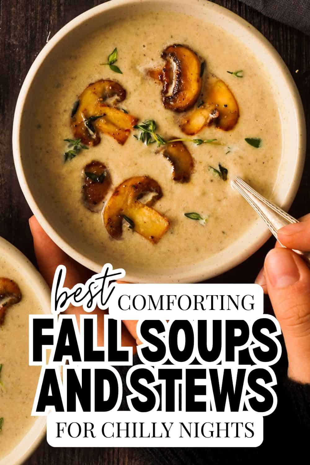 Creamy fall soup with roasted mushrooms and herbs in a bowl.
