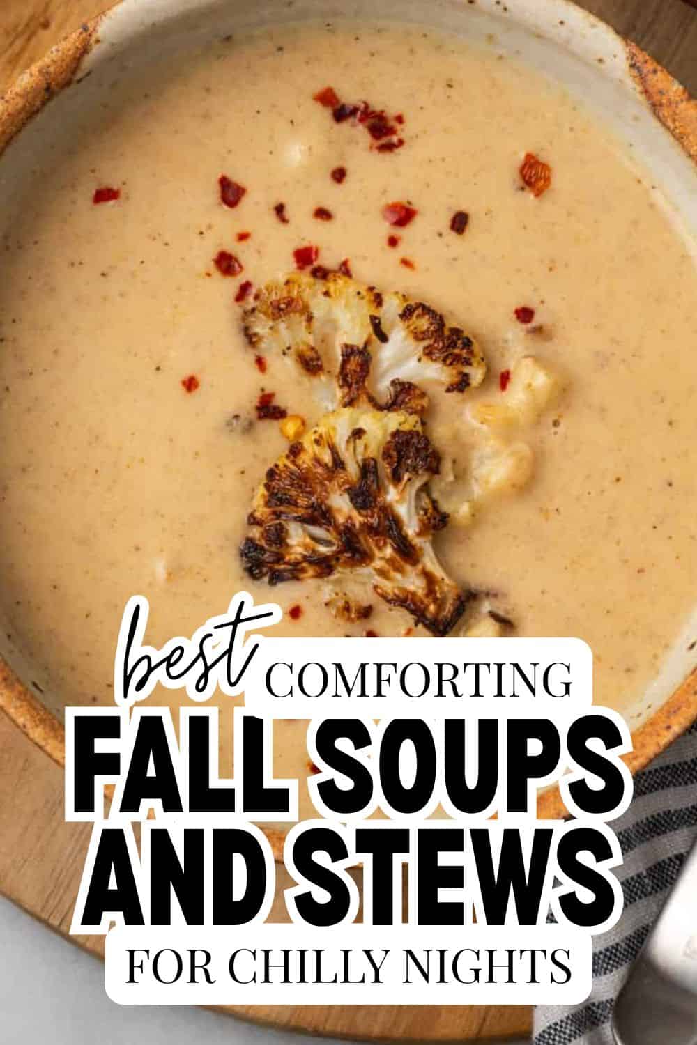 A bowl of creamy fall soup with roasted cauliflower and red pepper flakes.