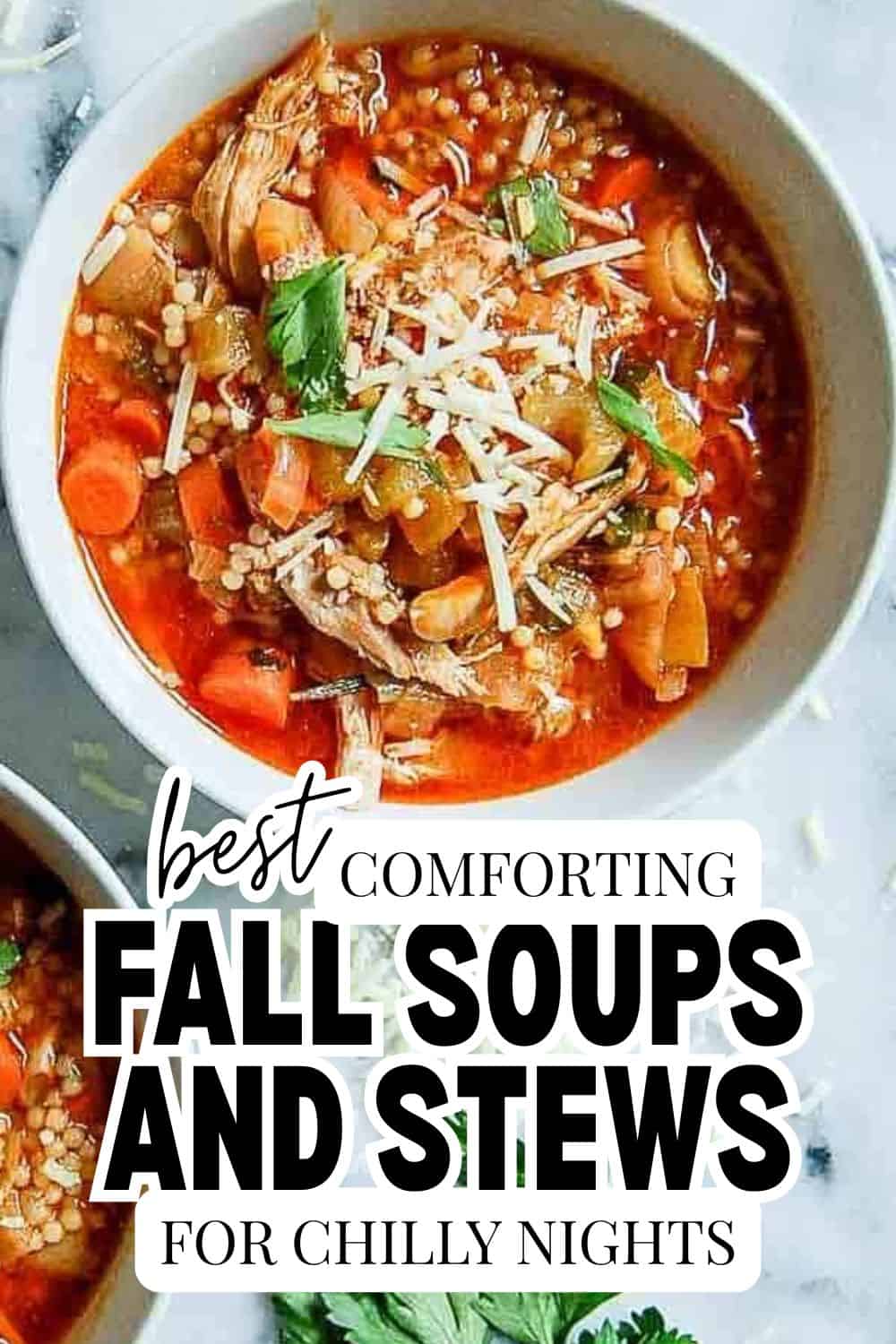 Comforting fall soups and stews with vegetables and shredded cheese.