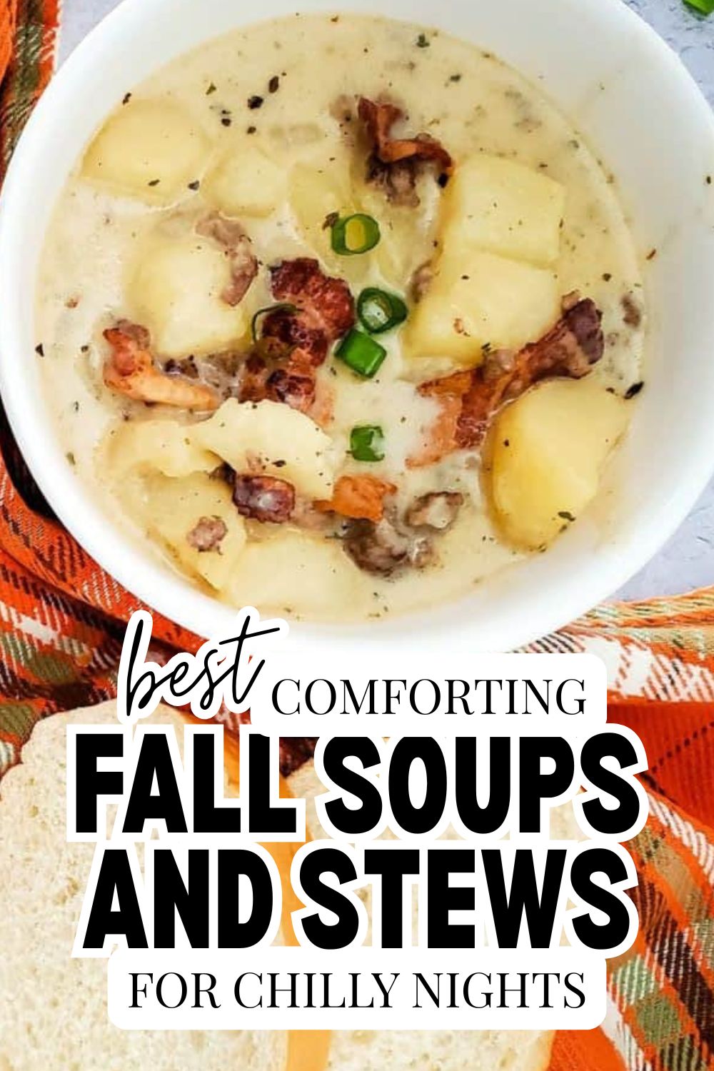Bowl of creamy potato and bacon soup with green onions.