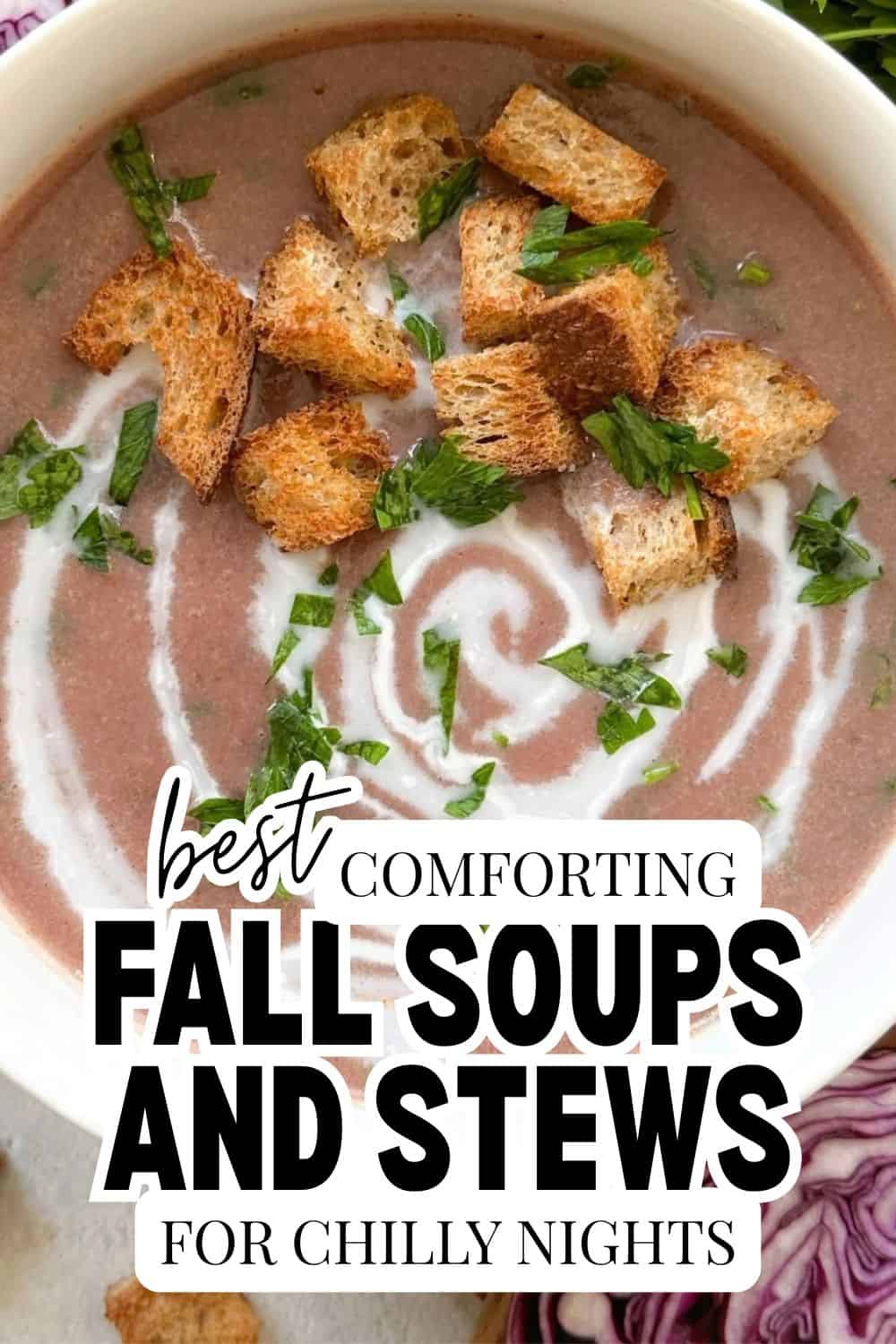 Comforting fall soups and stews with croutons and herbs for chilly evenings.
