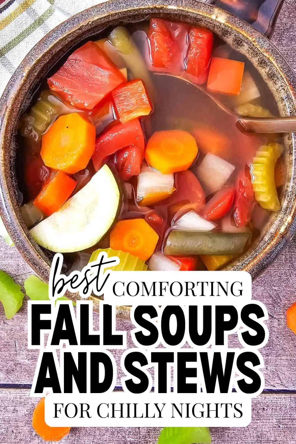 Colorful fall soups and stews with vegetables in a rustic pot for chilly nights.