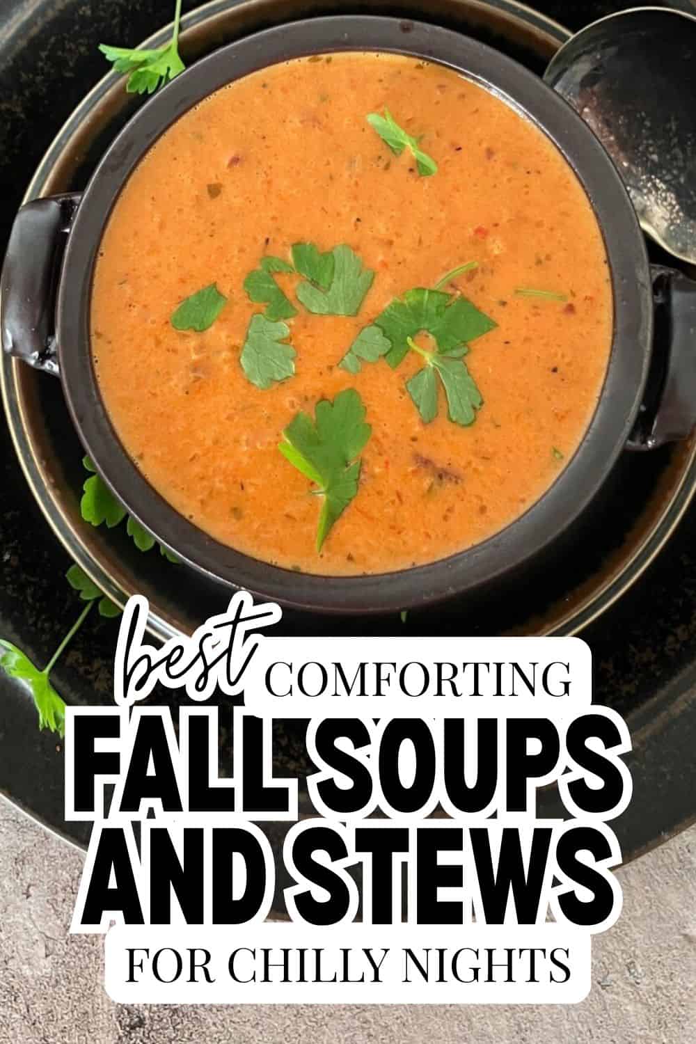 Warm fall soups and stews in a black pot garnished with fresh herbs.