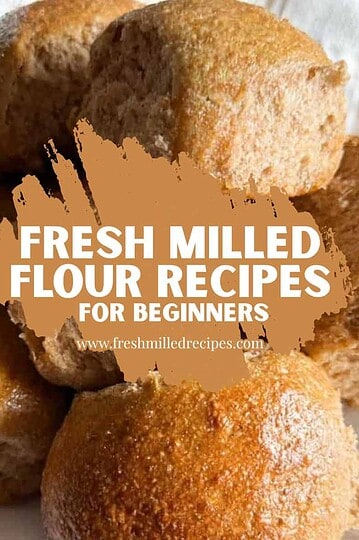 Close-up of freshly baked bread rolls with a text overlay about flour recipes.