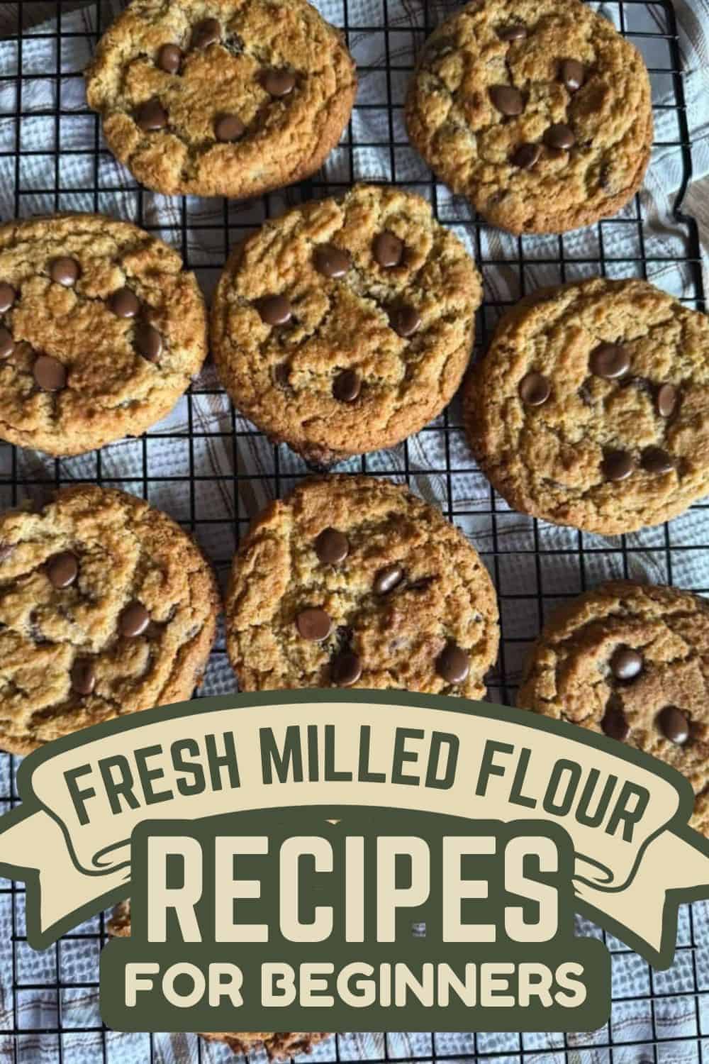 Homemade chocolate chip cookies on a cooling rack with fresh milled flour.