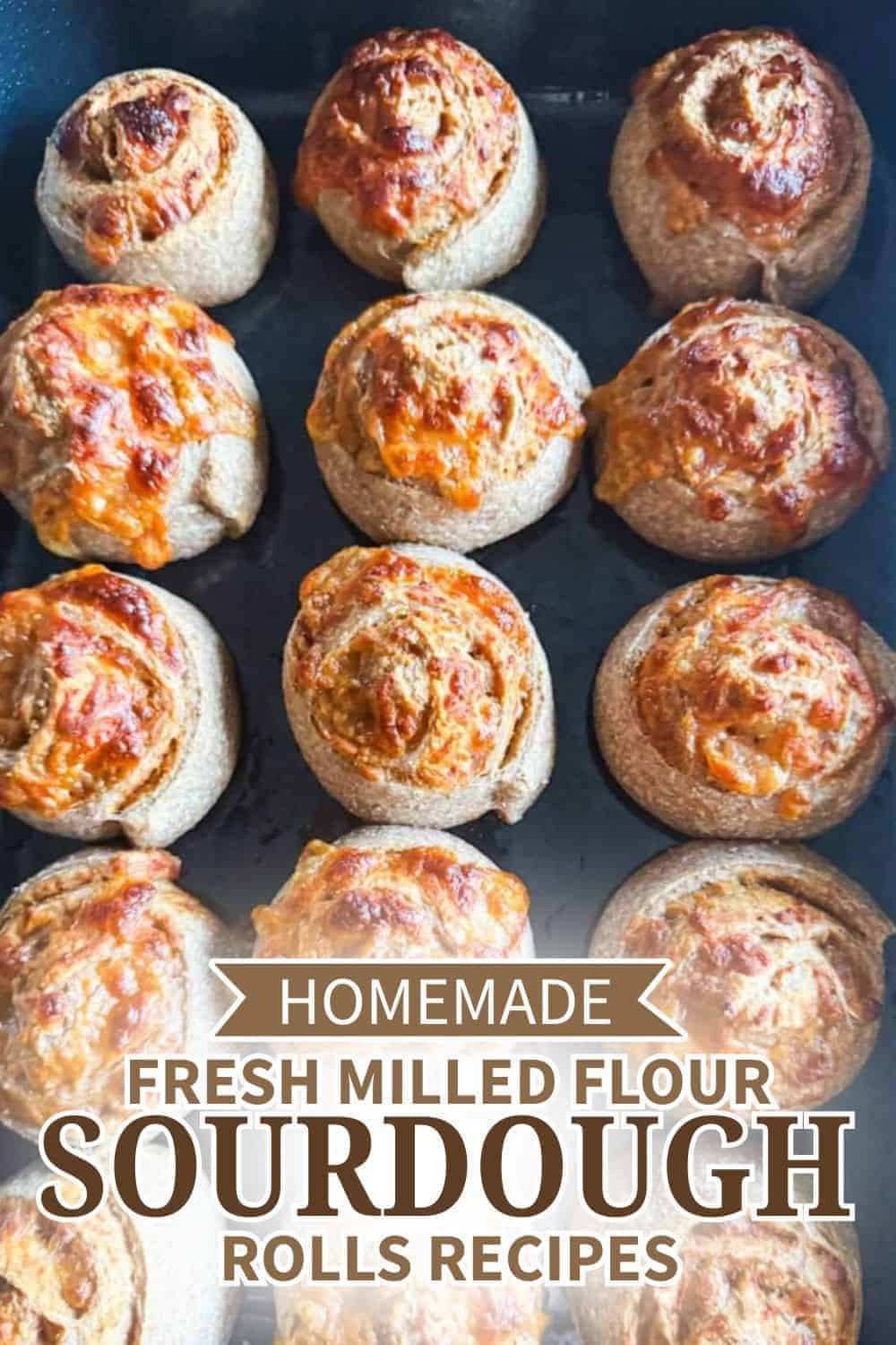 Homemade sourdough rolls made with fresh milled flour, golden crust, and soft interior.
