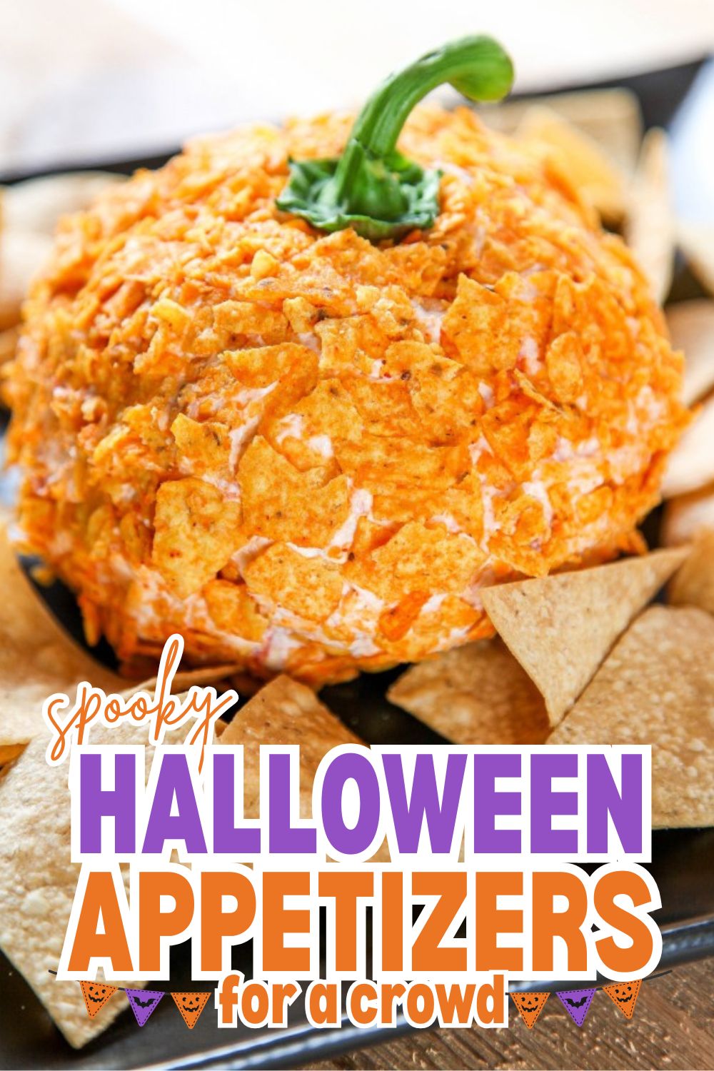 Creepy Halloween appetizer with a green stem on top, crispy coating, and festive decorations.
