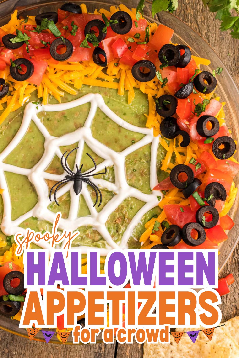 Festive Halloween appetizer platter with spider web and colorful toppings.