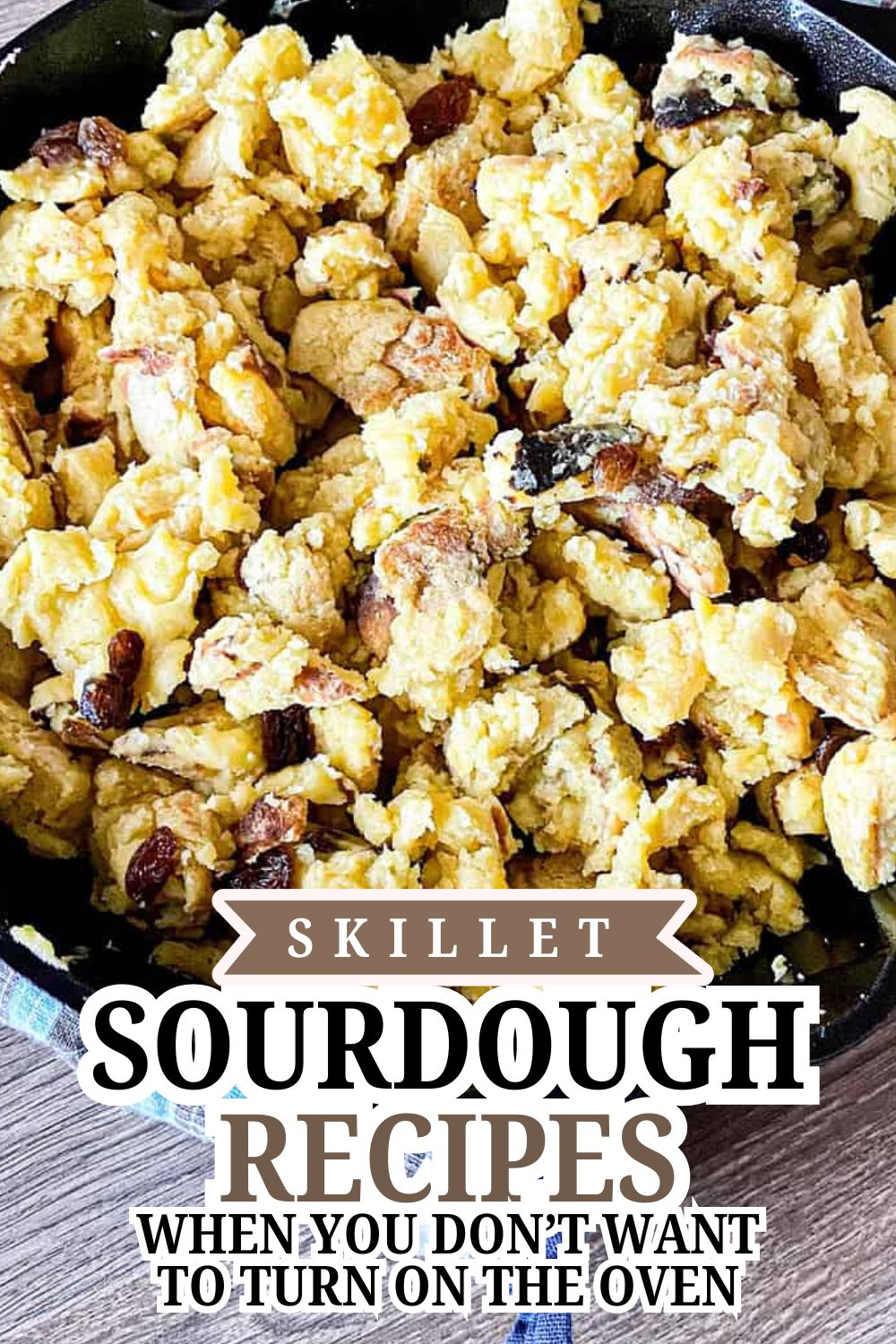 Close-up of crispy skillet sourdough bread chunks with a golden crust.