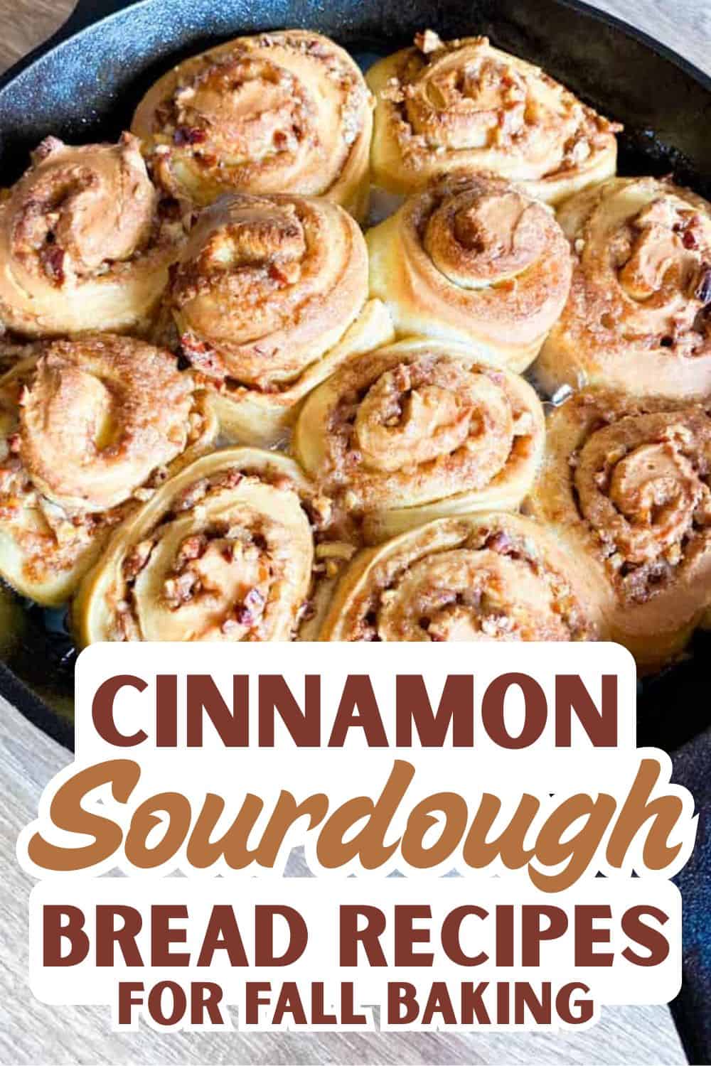 Freshly baked cinnamon sourdough rolls in a skillet for fall baking.