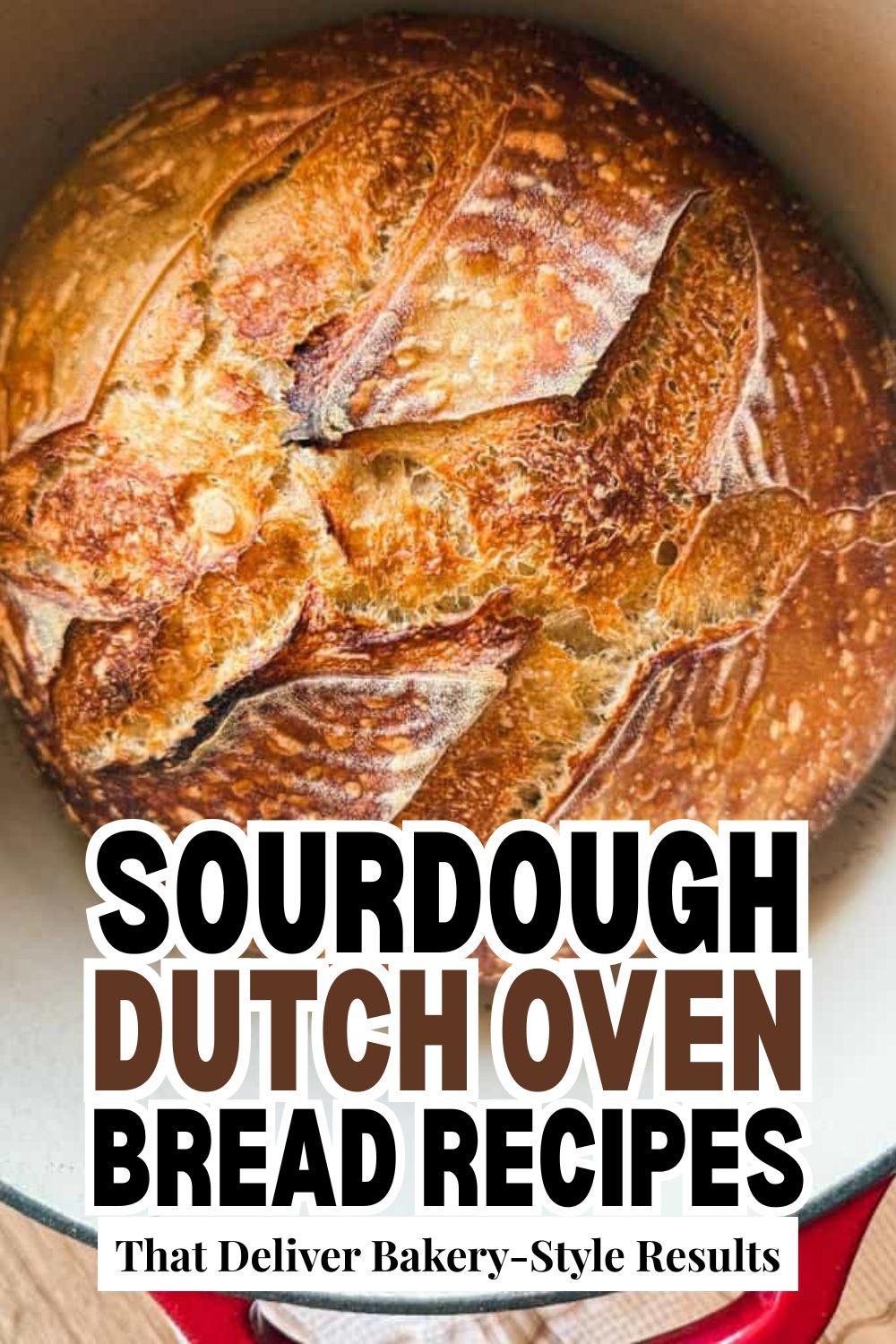 Freshly baked sourdough bread in a Dutch oven with a crispy crust.