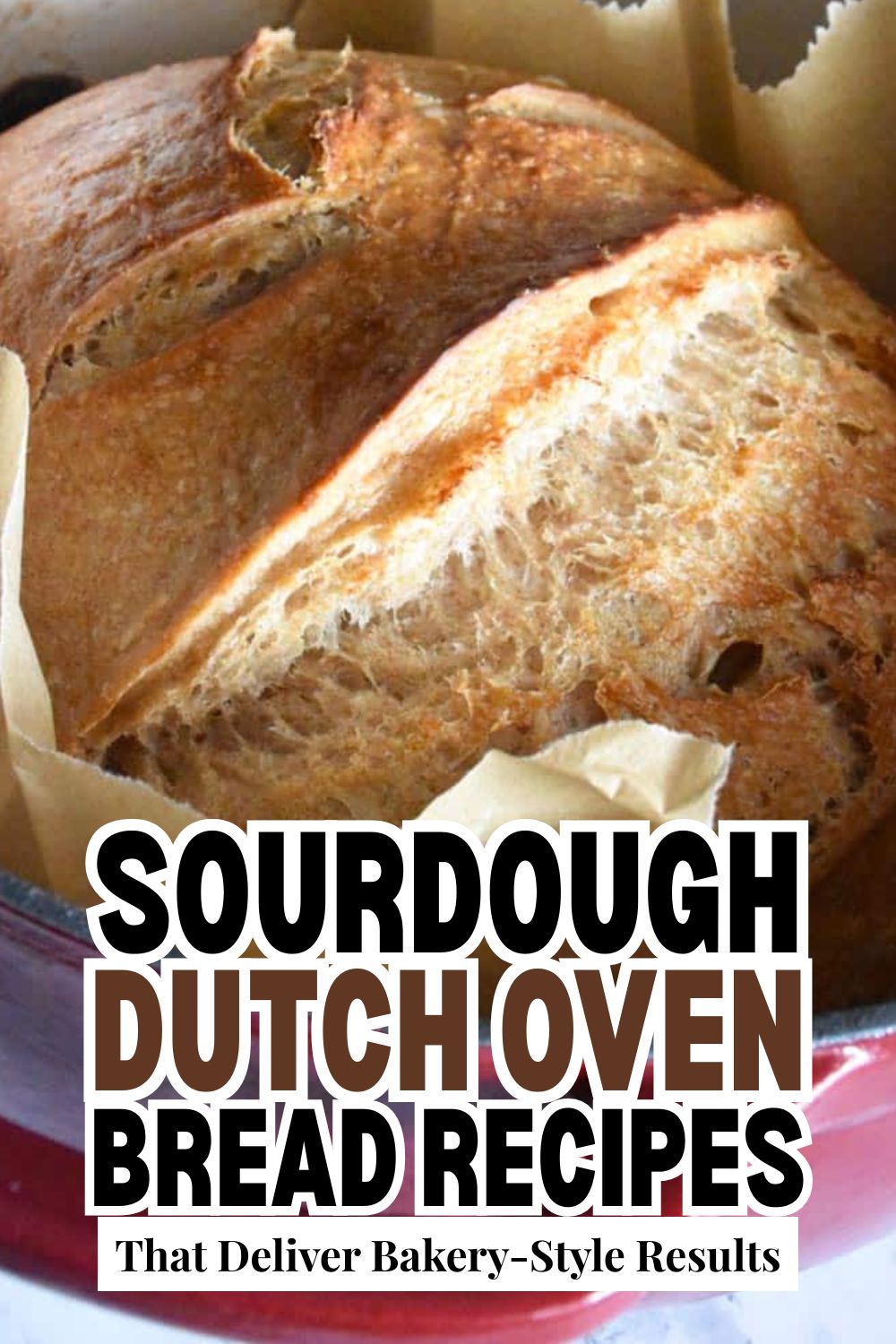 Freshly baked sourdough bread in a Dutch oven with a crispy crust.