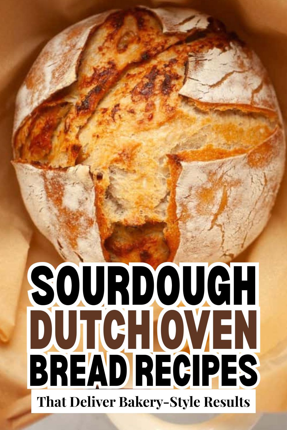 Freshly baked sourdough bread in a Dutch oven with a crusty exterior.