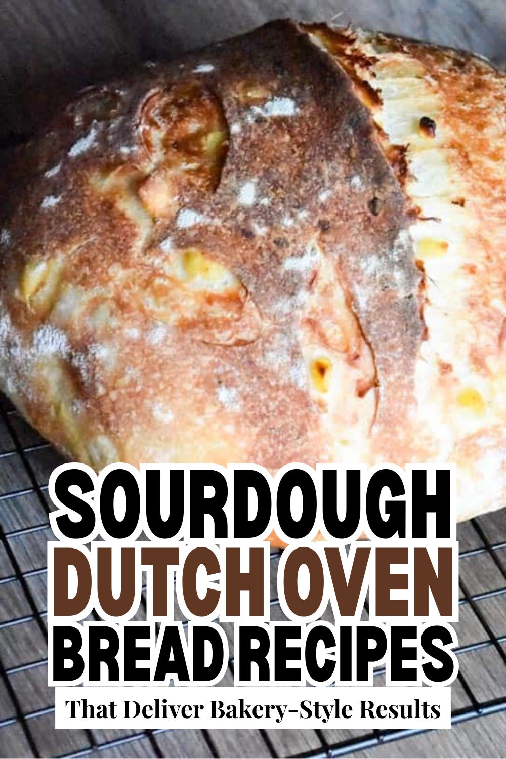 Freshly baked sourdough bread crust from Dutch oven baking process.