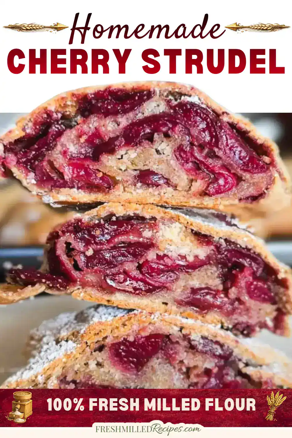 Close-up of homemade cherry strudel with flaky crust and cherry filling.